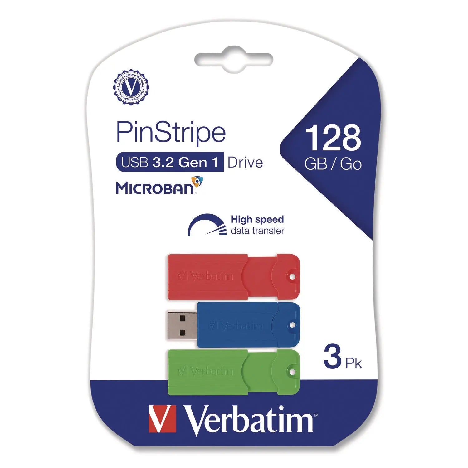 Verbatim® PinStripe USB 3.0 Flash Drive, 128 GB, Blue/Green/Red, 3/Pack