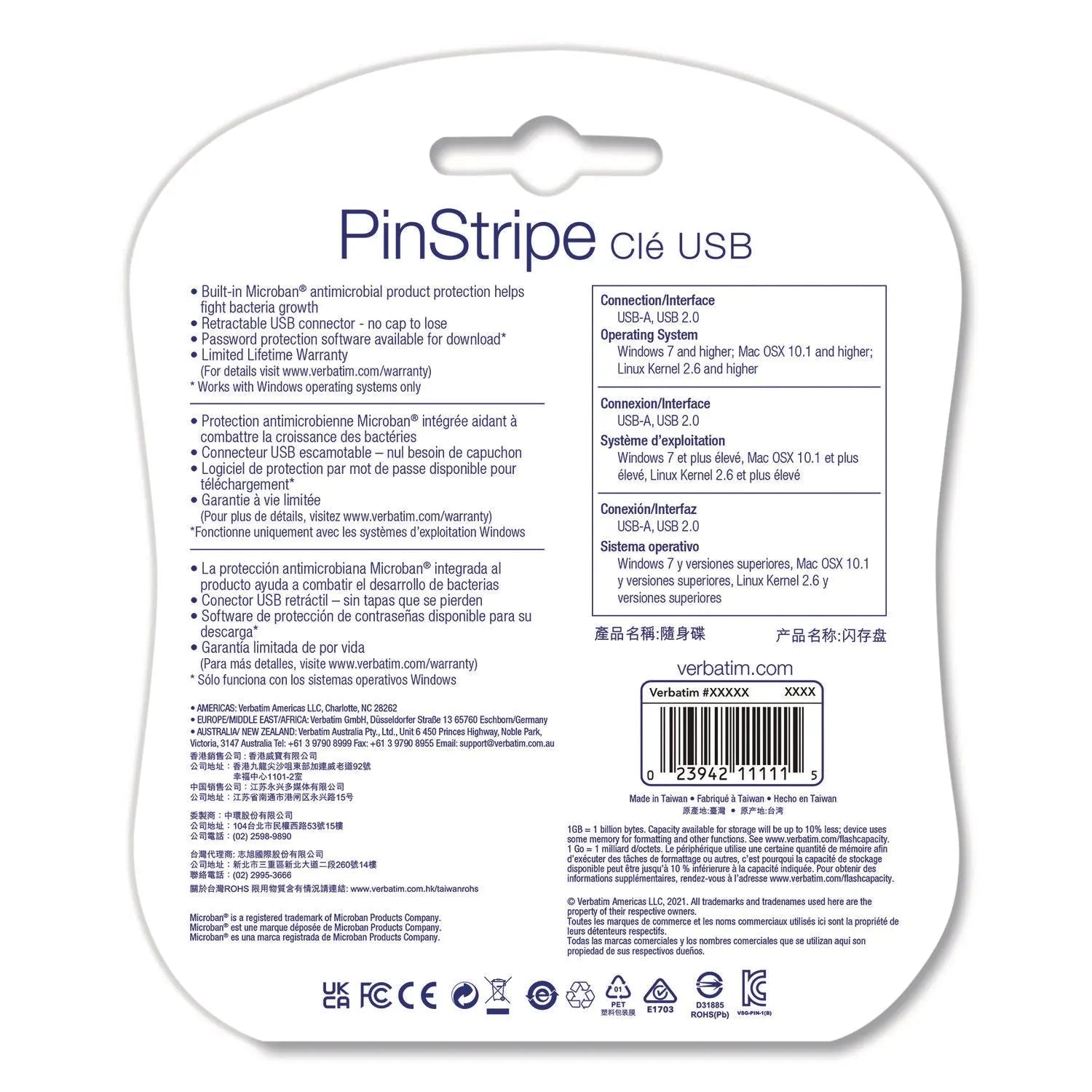 Verbatim® PinStripe USB 2.0 Flash Drive, 128 GB, Blue/Red, 2/Pack