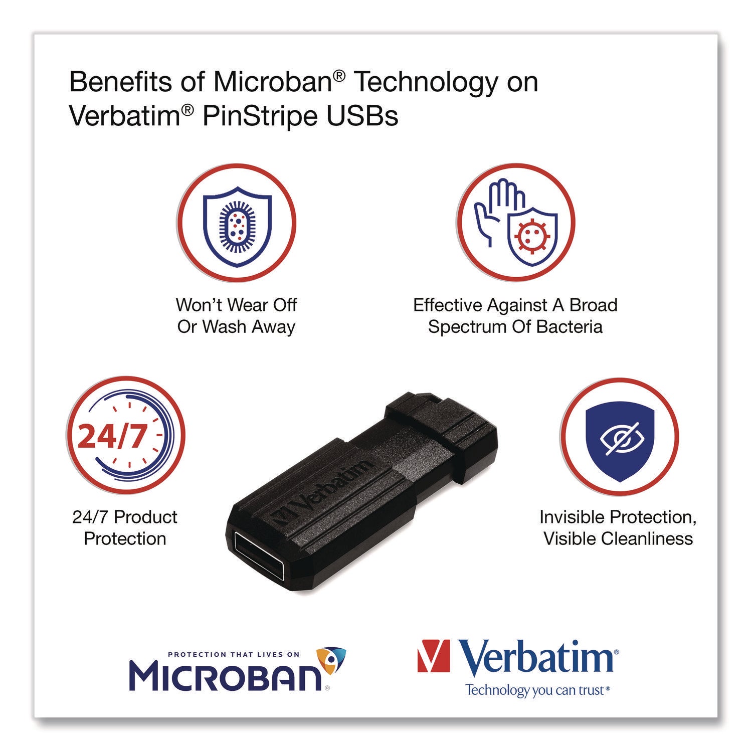 Verbatim® Pinstripe USB 2.0 Flash Drive, 64 GB, Black, 10/Pack