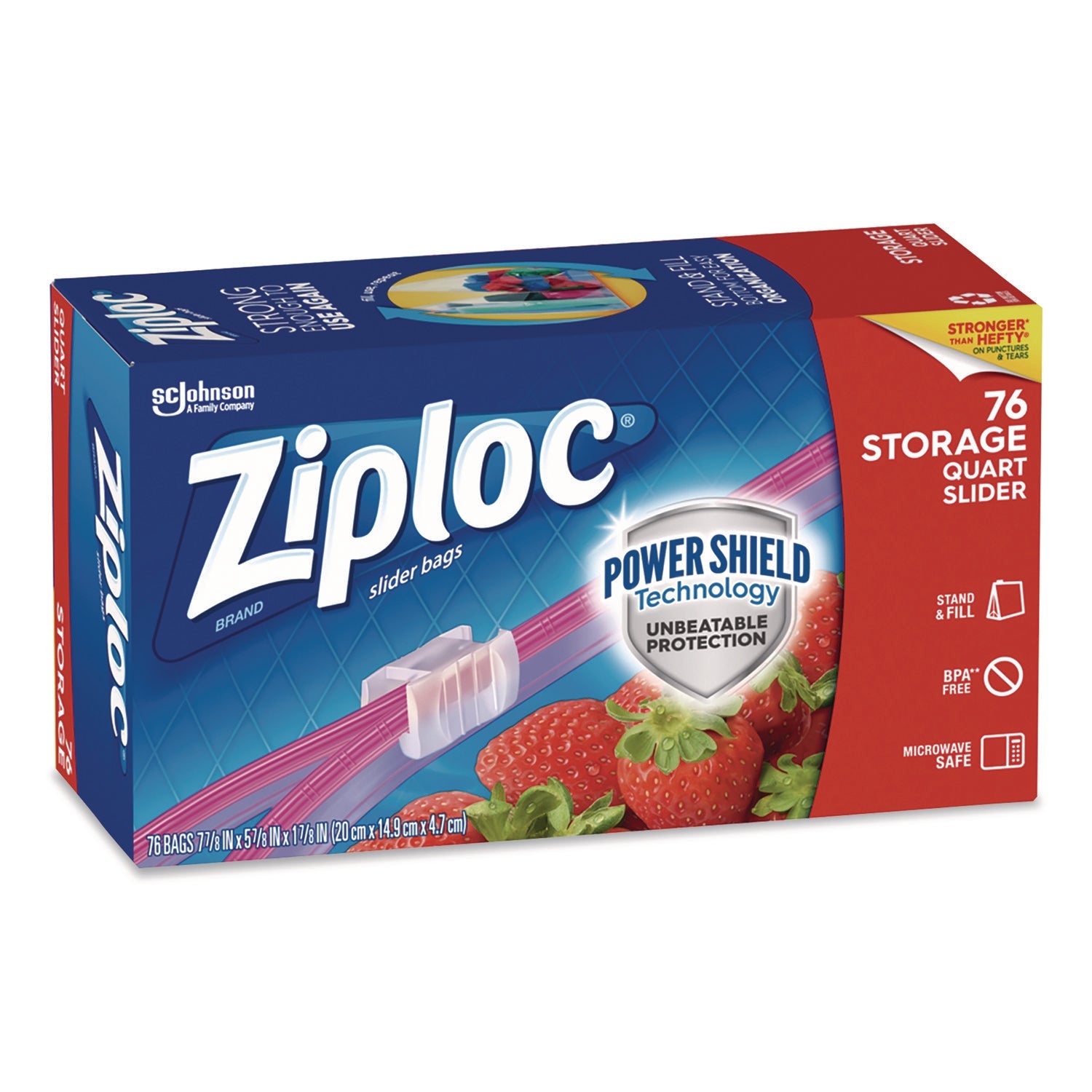 Ziploc® Slider Storage Bags, Quart, 5.88" x 1.88" x 7.88", Clear, 76 Bags