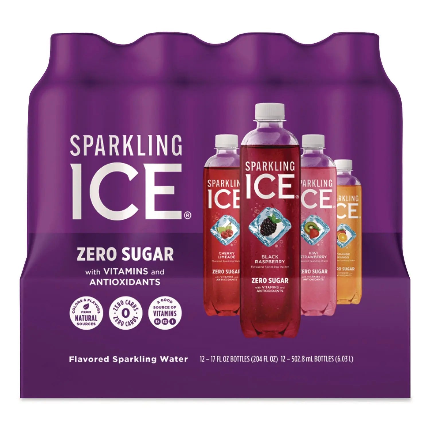 Sparkling ICE® Variety Pack Sparkling Water, Cherry Limeade/Black Raspberry/Orange Mango/Kiwi Strawberry, 17 oz Bottle, 12/Pack