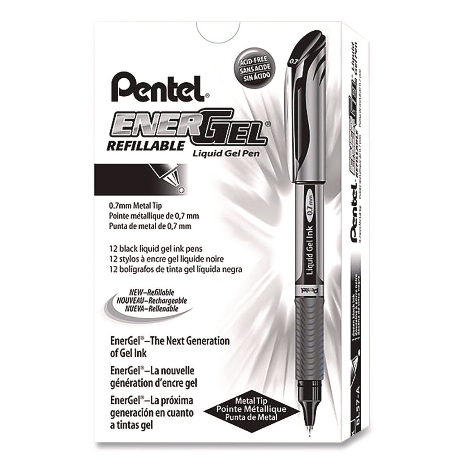 Pentel® EnerGel Deluxe Gel Pen, Stick, Medium 0.7 mm, Black Ink, Silver/Black Barrel, Dozen