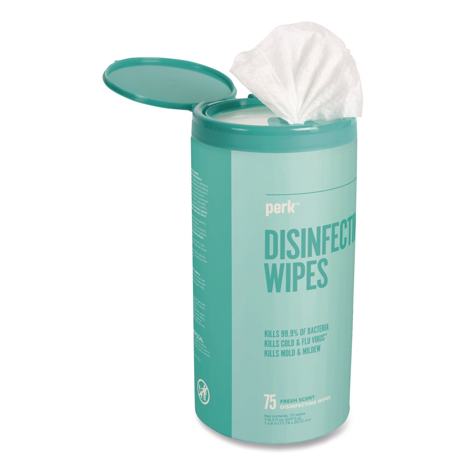 Perk™ Disinfecting Wipes, 7 x 8, Fresh, White, 75 Wipes/Canister, 6/Carton