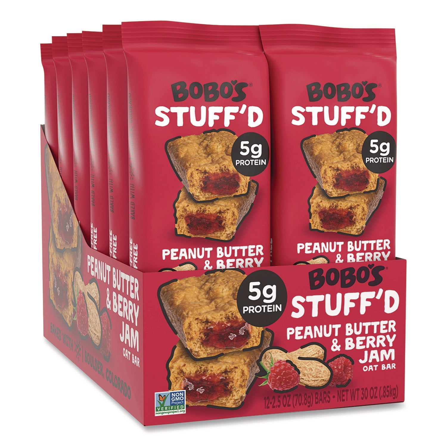 Bobo's Stuff'd Gluten-Free Peanut Butter and Berry Jam Oat Bar, 2.5 oz Bar, 12/Box - Bloom Skins