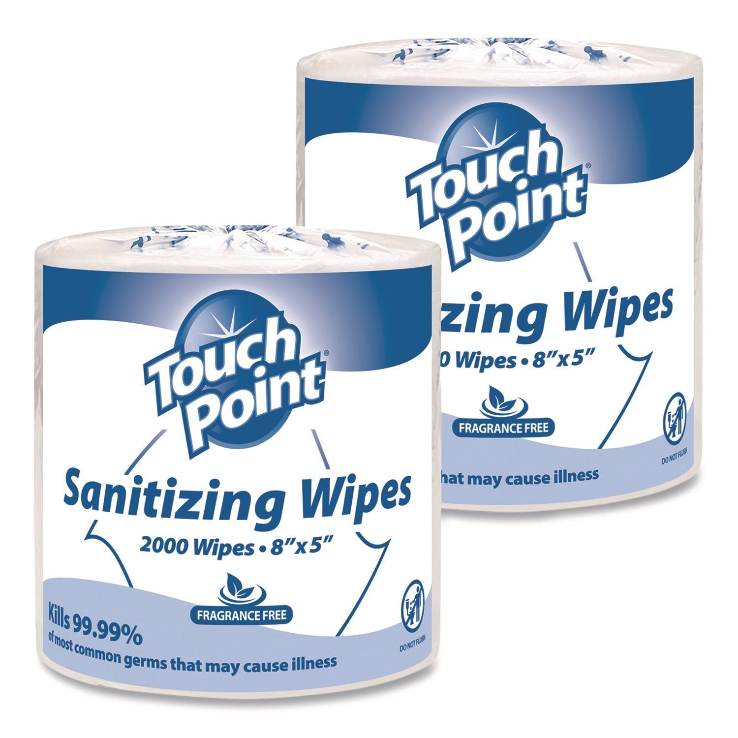 Touch Point® Hand Sanitizing Wipes Refill, 5 x 8, Fragrance Free, White, 2,000 Wipes/Roll, 2 Rolls/Carton