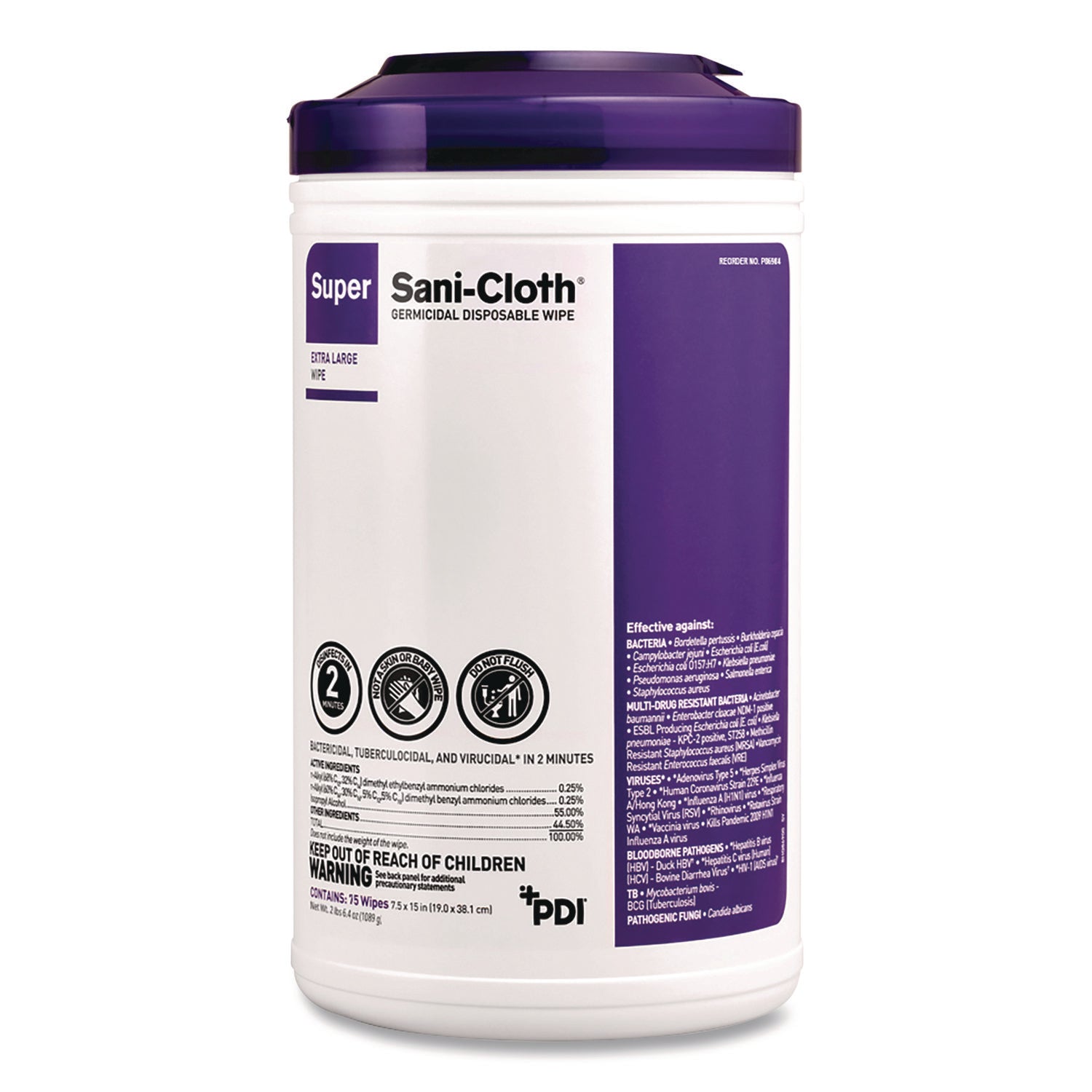 PDI® Super Sani-Cloth Disinfecting Wipes, 15 x 7.5, Unscented, White, 75 Wipes/Canister, 6/Carton