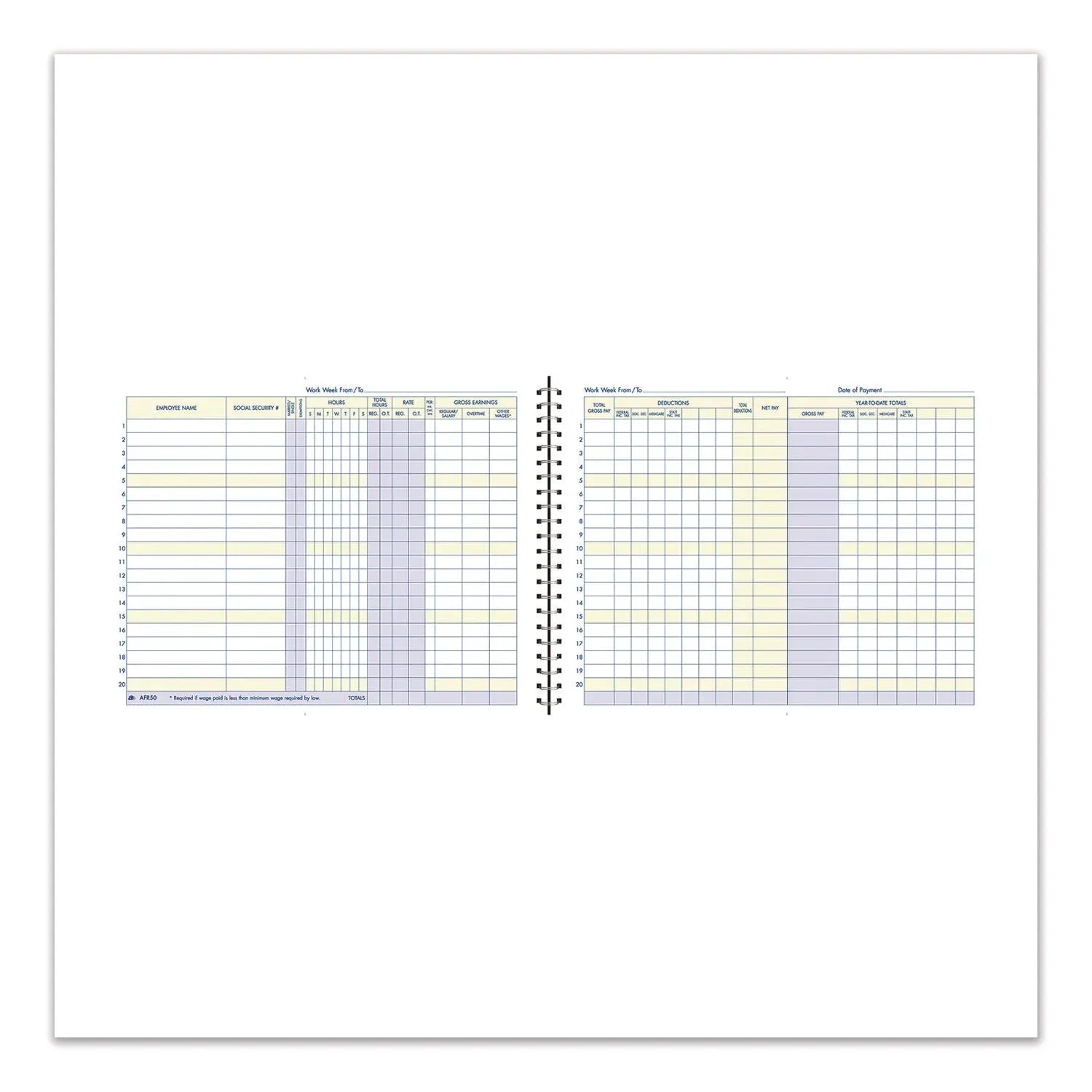 Adams® Weekly Payroll Record Book for 20 Employees, Two-Page Spread: 36 Columns, Royal Blue Cover, 8.5 x 11 Sheets, 56 Sheets/Book