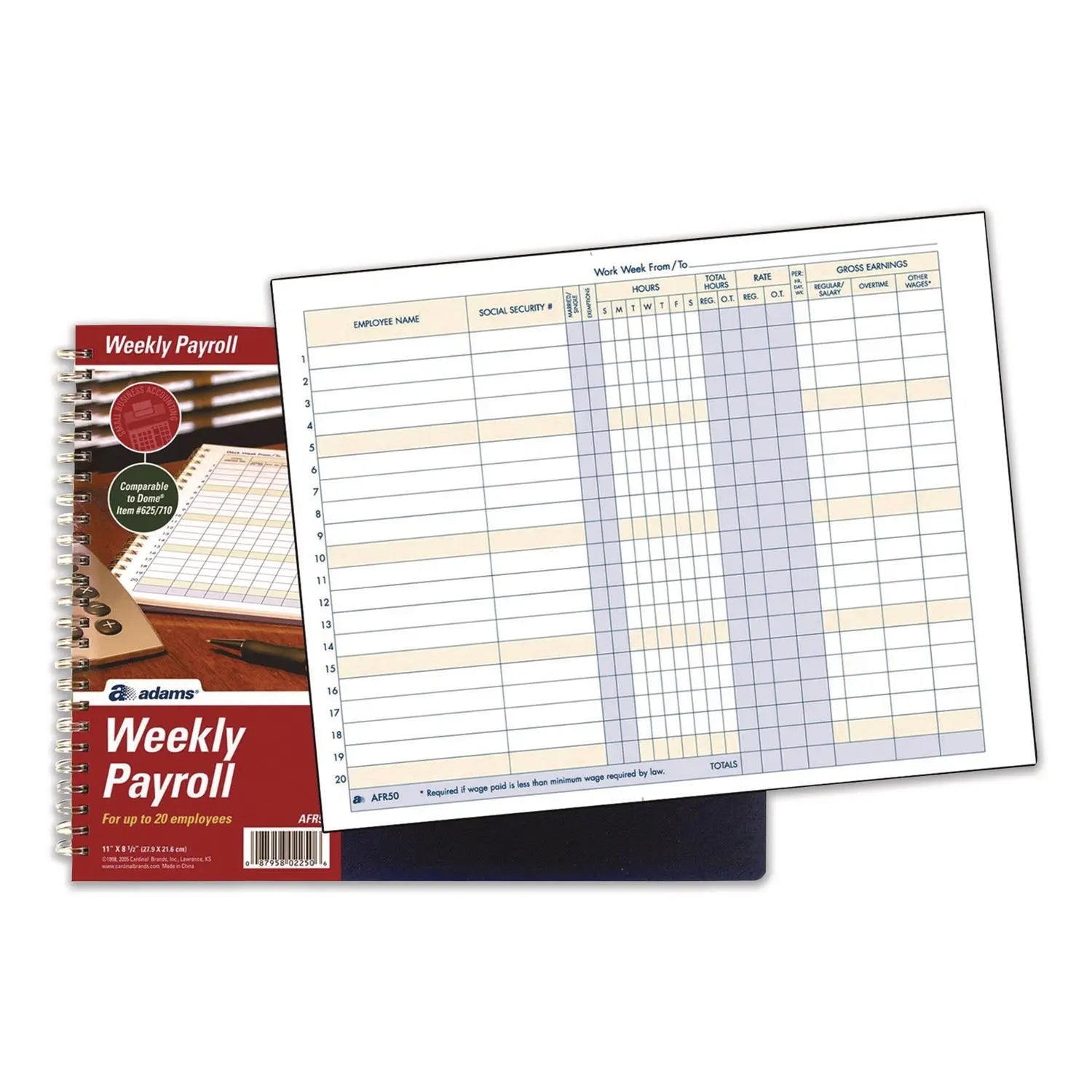 Adams® Weekly Payroll Record Book for 20 Employees, Two-Page Spread: 36 Columns, Royal Blue Cover, 8.5 x 11 Sheets, 56 Sheets/Book