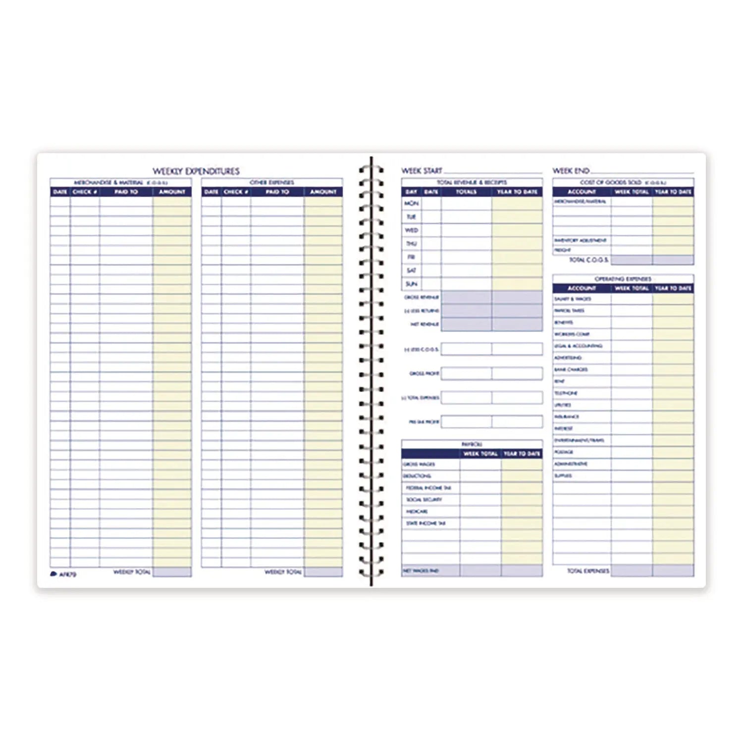 Adams® Weekly Bookkeeping Ledger, Columns Vary By Section, Royal Blue Cover, 11 x 8.5 Sheets, 56 Sheets/Book