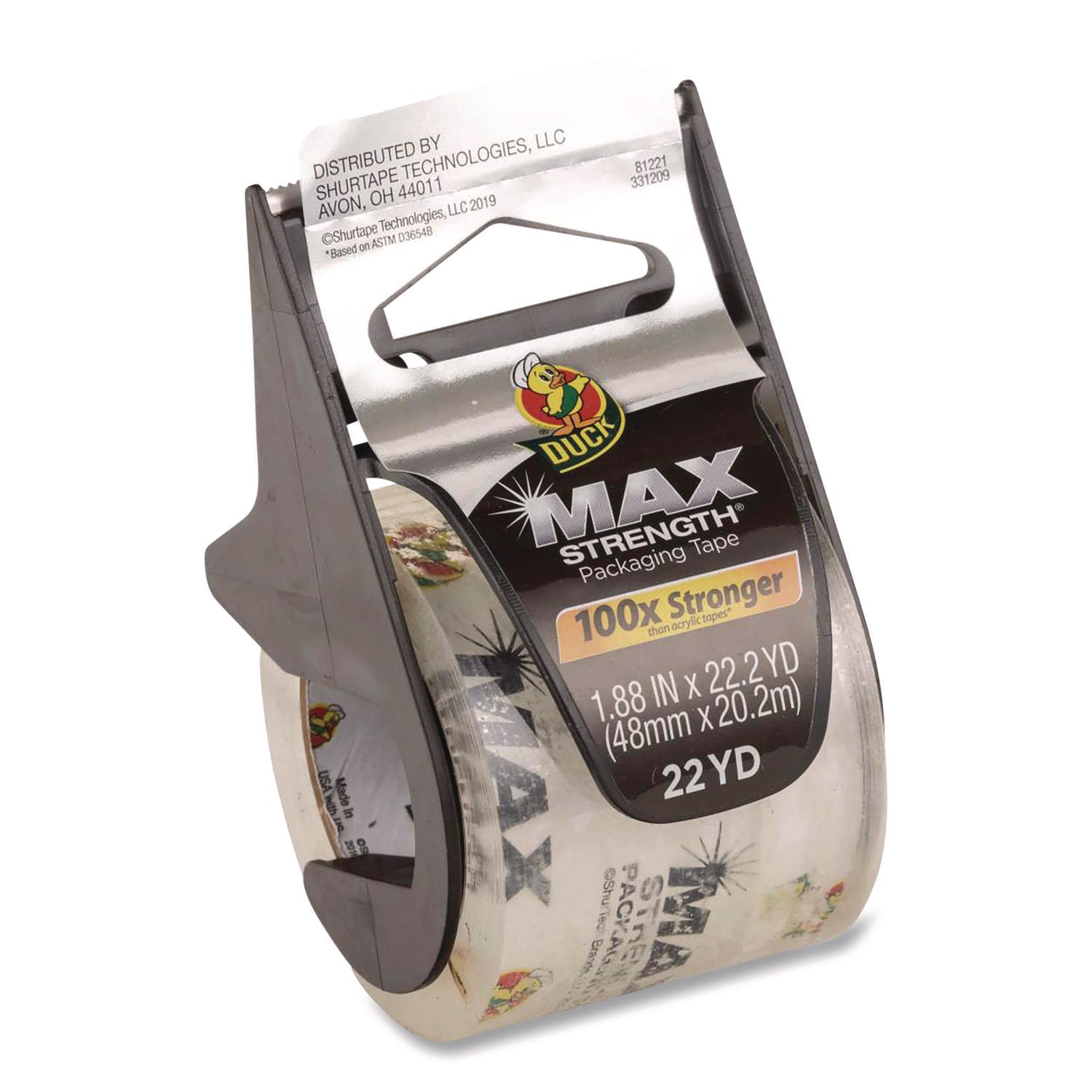 Duck® MAX Packaging Tape with Dispenser, 1.5" Core, 1.88 x 22 yds, Crystal Clear, 6/Pack