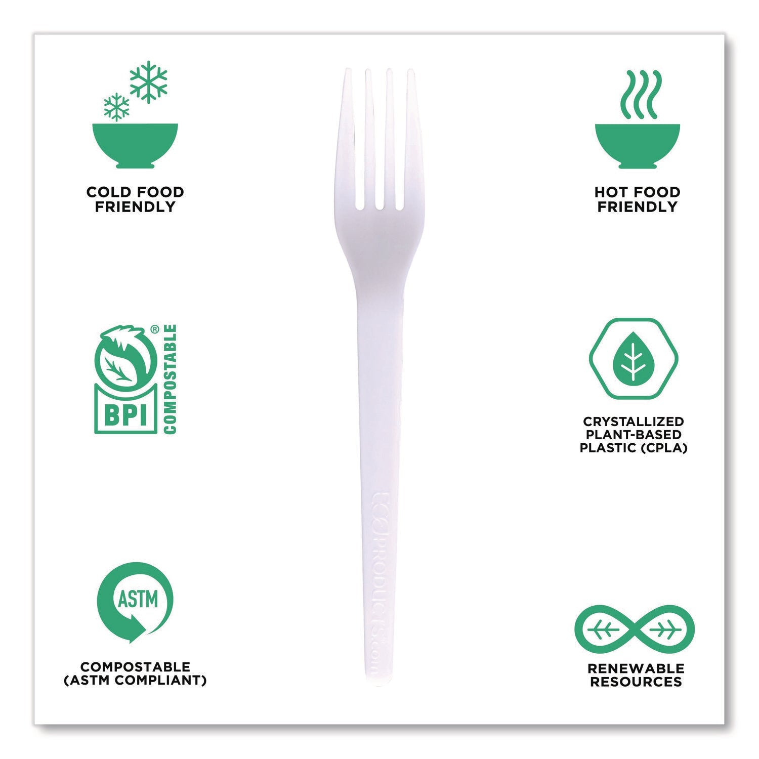 Eco-Products® Plantware CPLA Cutlery, Individually Wrapped, Fork, White, 1,000/Carton