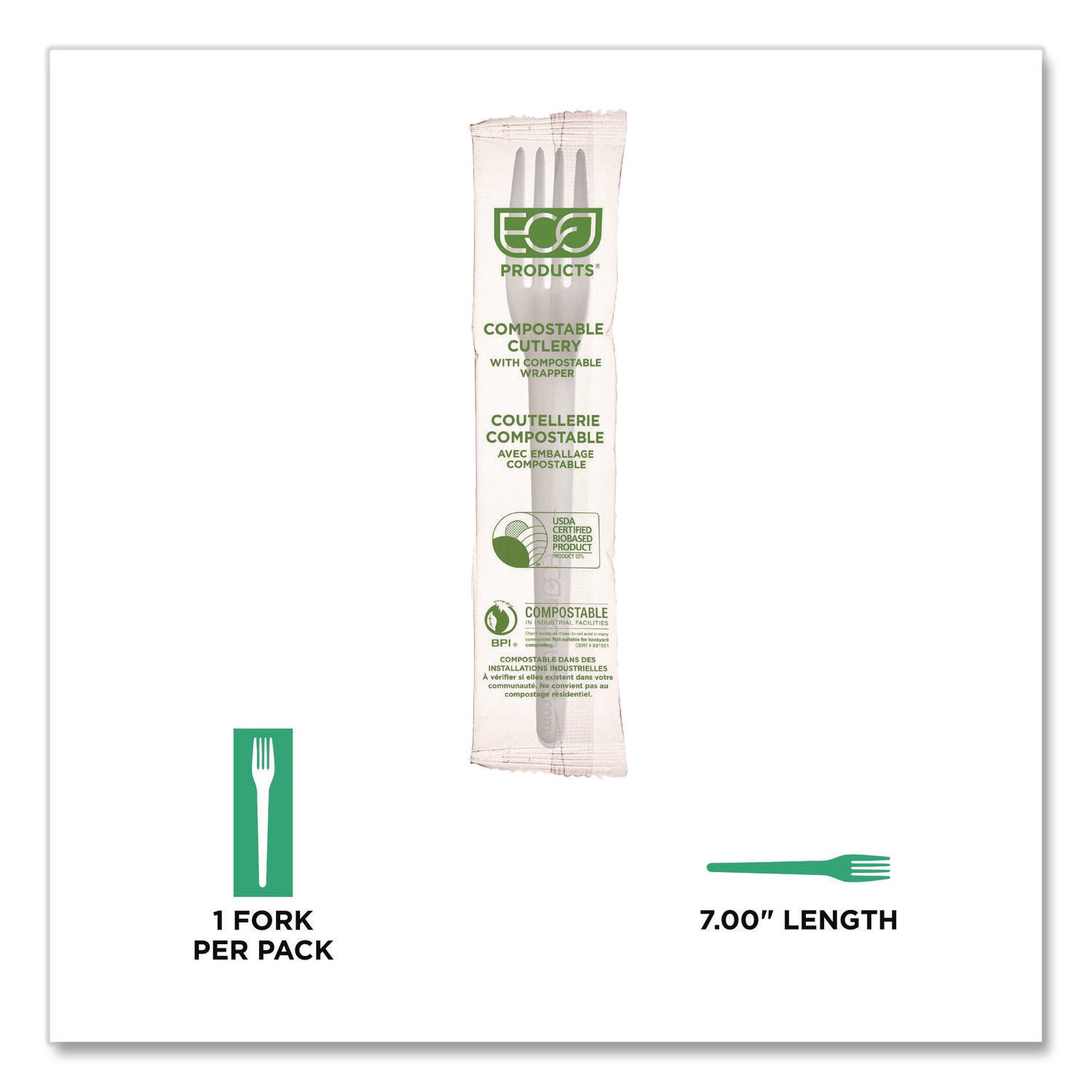Eco-Products® Plantware CPLA Cutlery, Individually Wrapped, Fork, White, 1,000/Carton