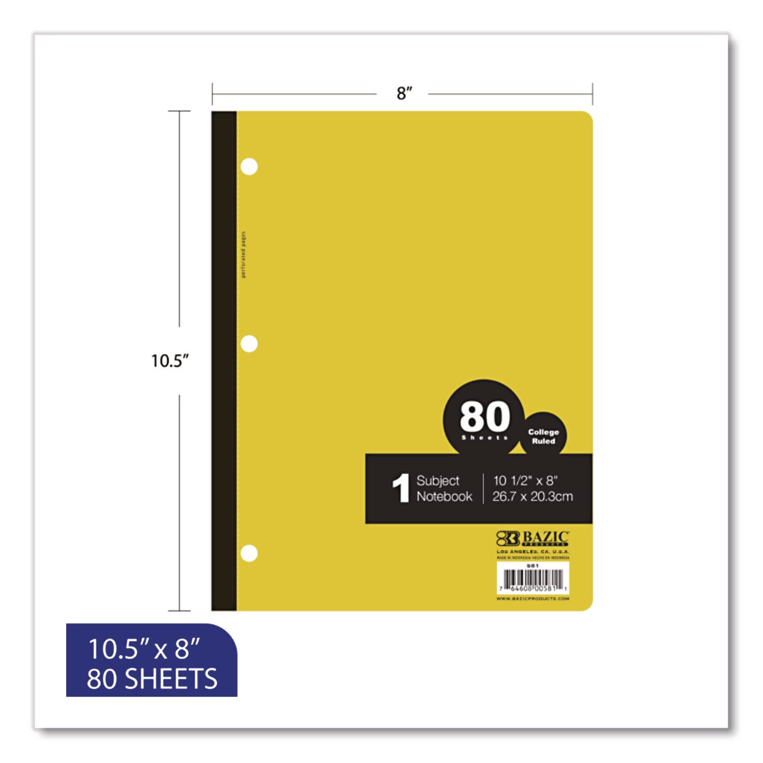 BAZIC® Products Wireless Notebooks, 1-Subject, Medium/College Rule, Randomly Assorted Cover Color, (80) 10.5 x 7.5 Sheets