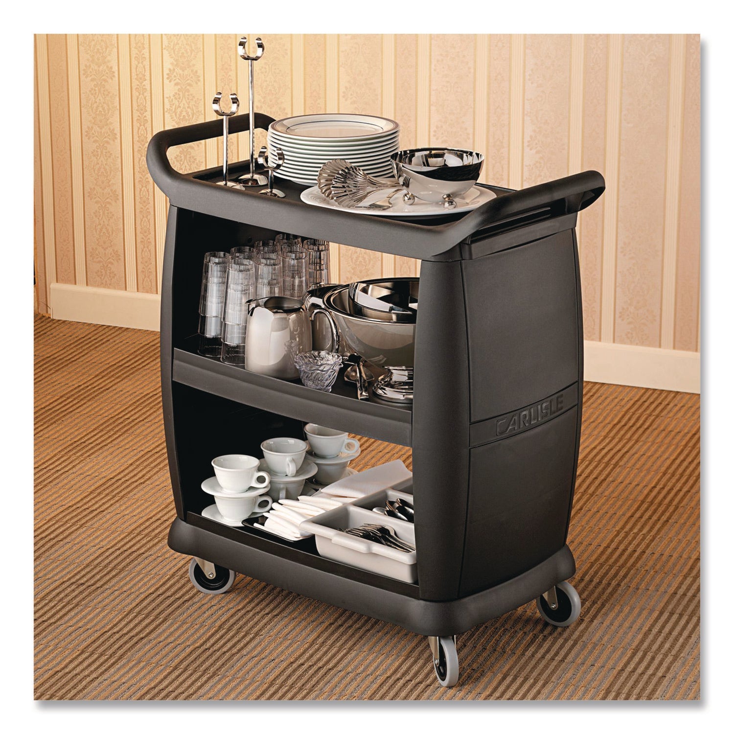 Boardwalk® Bussing Cart, Plastic, 3 Shelves, 300 lb Capacity, 18 x 36.25 x 38, Black - Bloom Skins