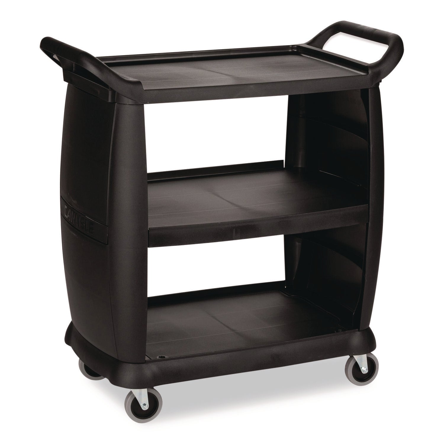 Boardwalk® Bussing Cart, Plastic, 3 Shelves, 300 lb Capacity, 18 x 36.25 x 38, Black - Bloom Skins