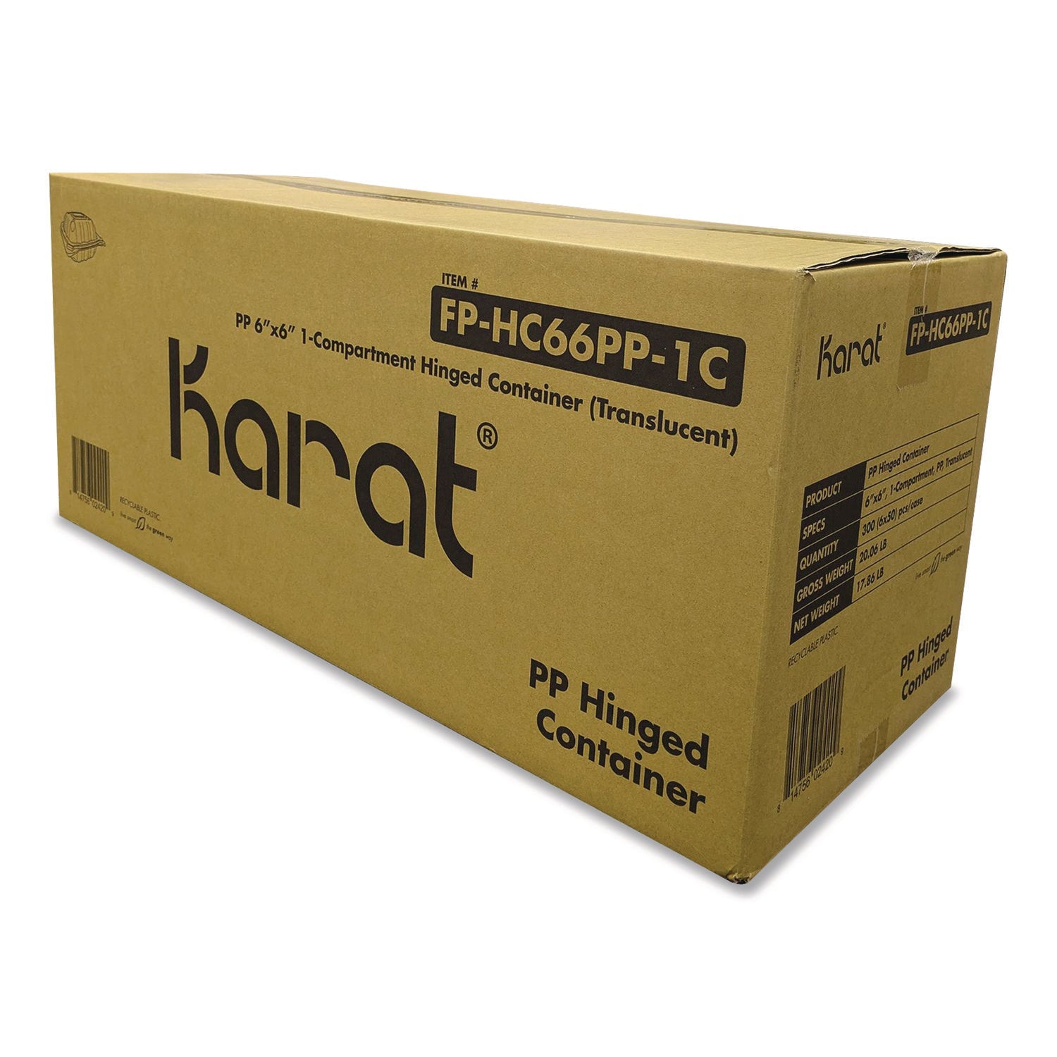 Karat® Polypropylene Plastic Hinged Container, 6 x 6 x 3.3, Clear, Plastic, 50/Pack, 6 Packs/Carton