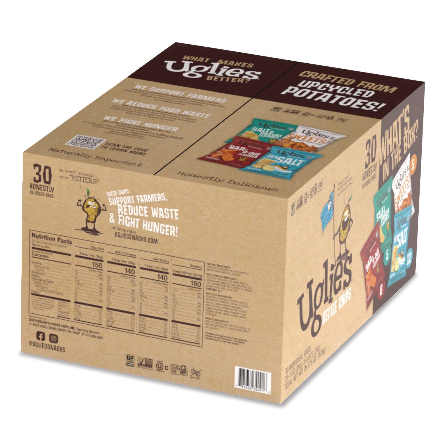 Uglies® Kettle Potato Chips, Assorted, 0.88 oz/1 oz Bags, 30/Carton
