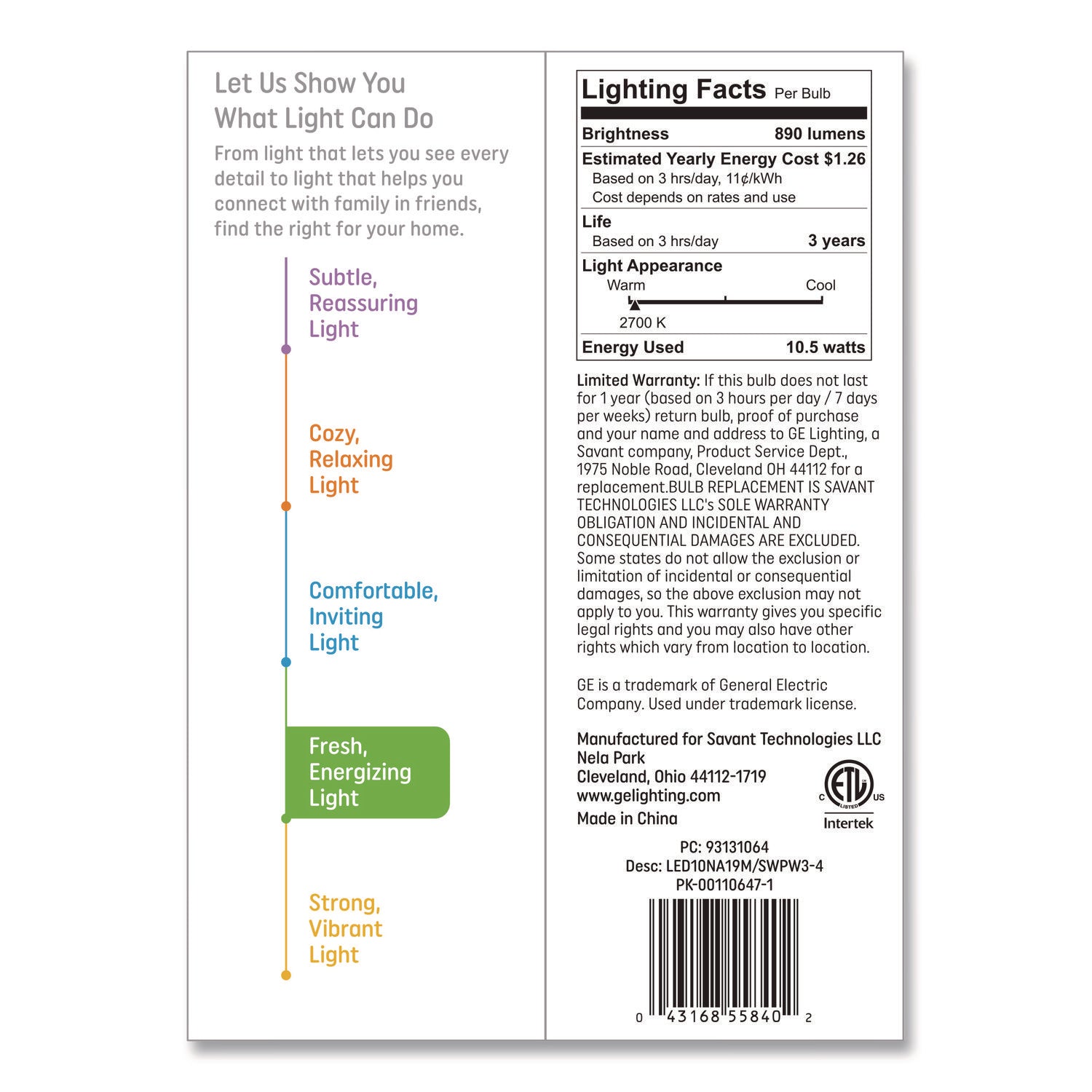 GE Classic LED SW Non-Dim A19 Light Bulb, 10.5 W, Soft White, 4/Pack