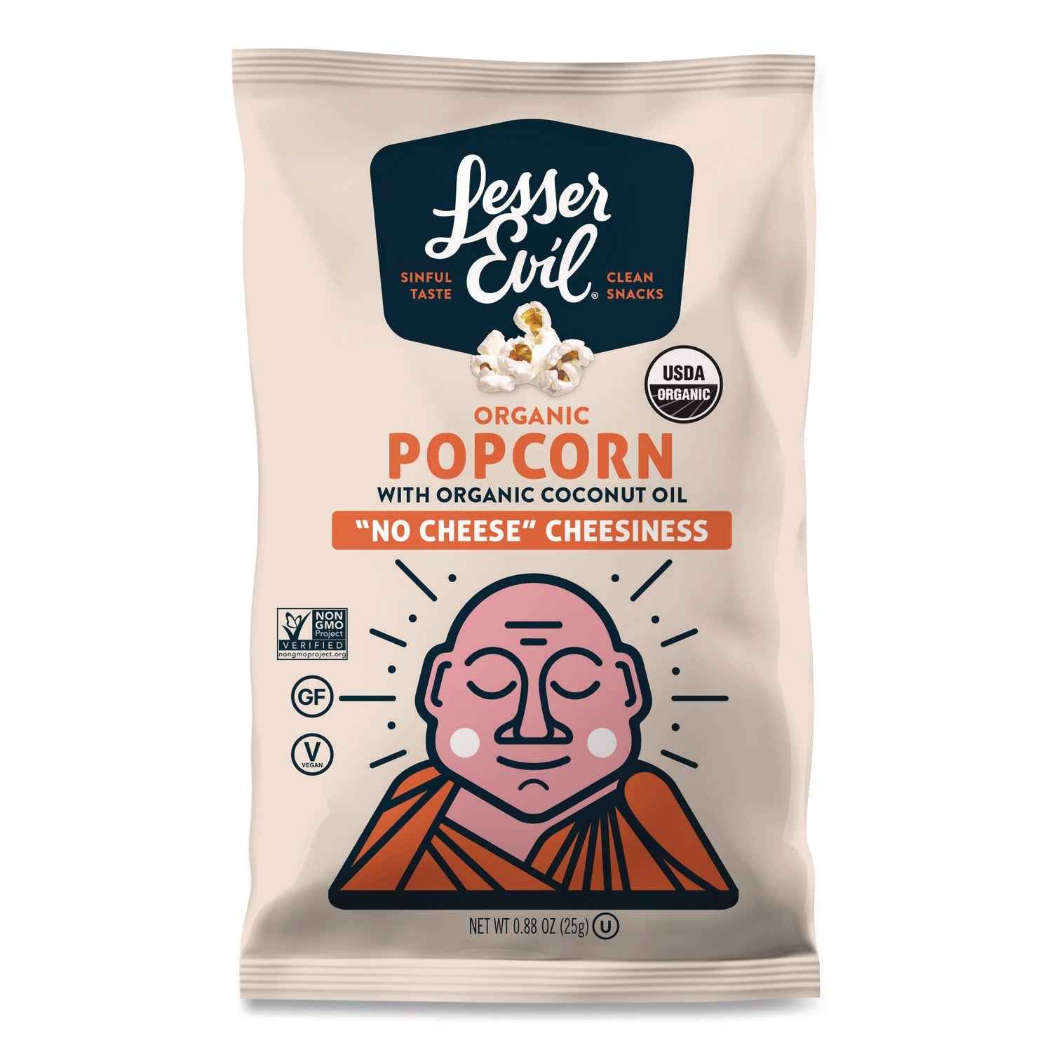 LesserEvil® Snack Organic No Cheese Cheesiness Popcorn, Cheese, 0.88 oz Bag, 18/Carton