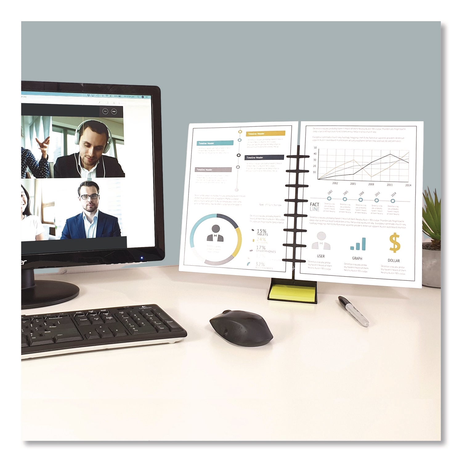 NoteTower Desktop Pro Plastic Document Stand Bar, 2 Sheet Capacity, Plastic, Black