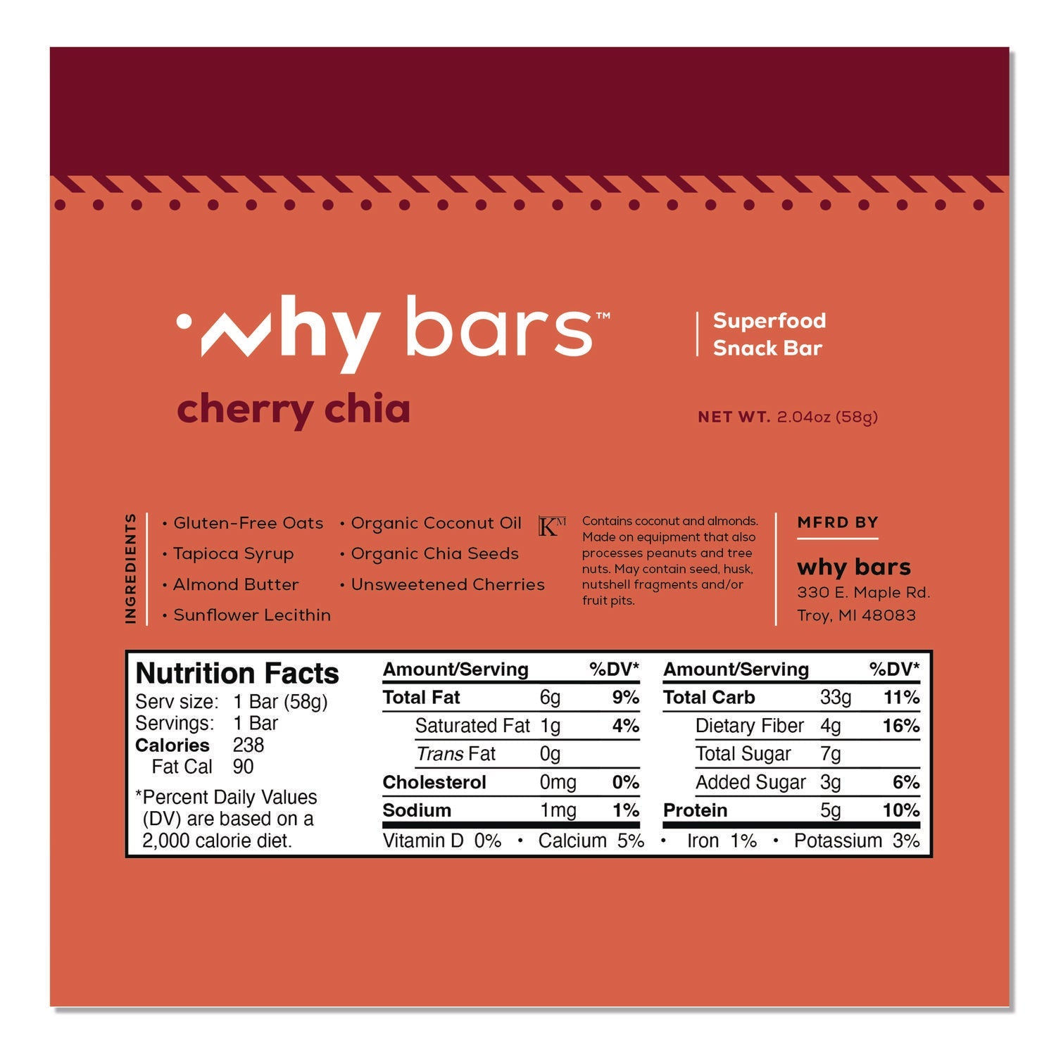 Why Bars™ Superfood Snack Bar, Cherry Chia, 2.04 oz Bar, 12/Box