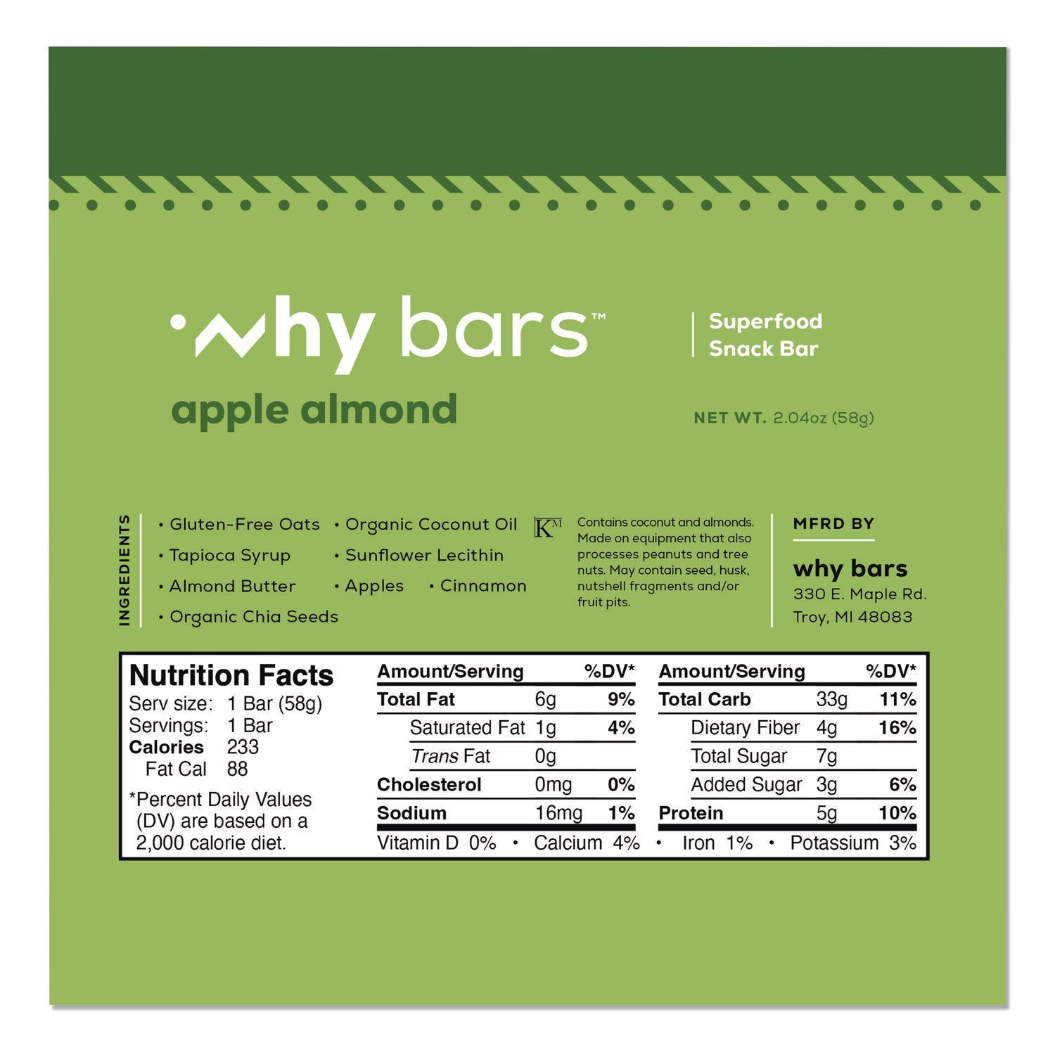 Why Bars™ Superfood Snack Bar, Apple Almond, 2.04 oz Bar, 12/Box