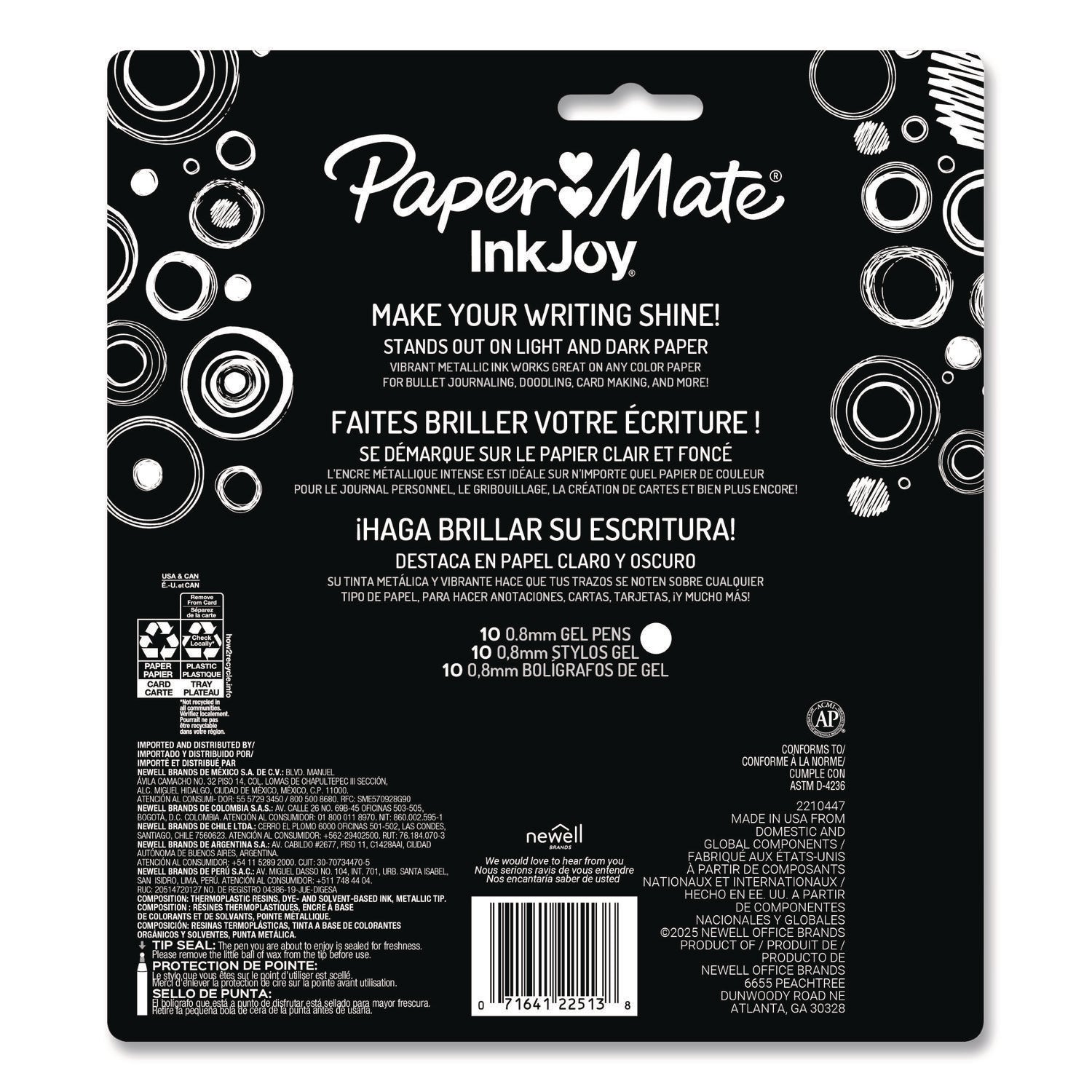 Paper Mate® InkJoy Metallic Gel Pen, Retractable, Medium 0.8 mm, Assorted Ink, Assorted Barrel, 10/Pack - Bloom Skins