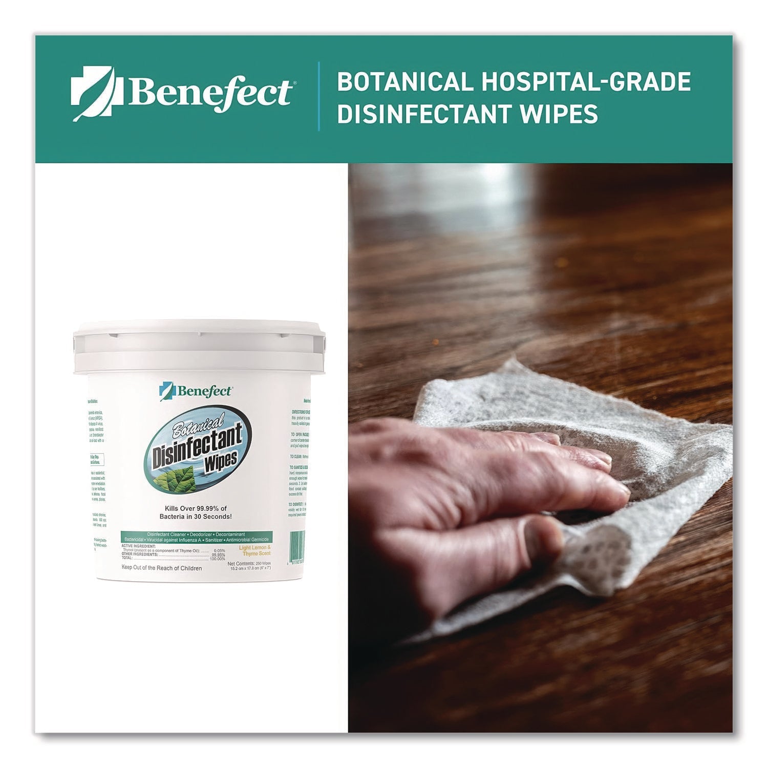 Benefect® Botanical Disinfectant Wipes, 6 x 7, Light Lemon and Thyme, 250/Bucket