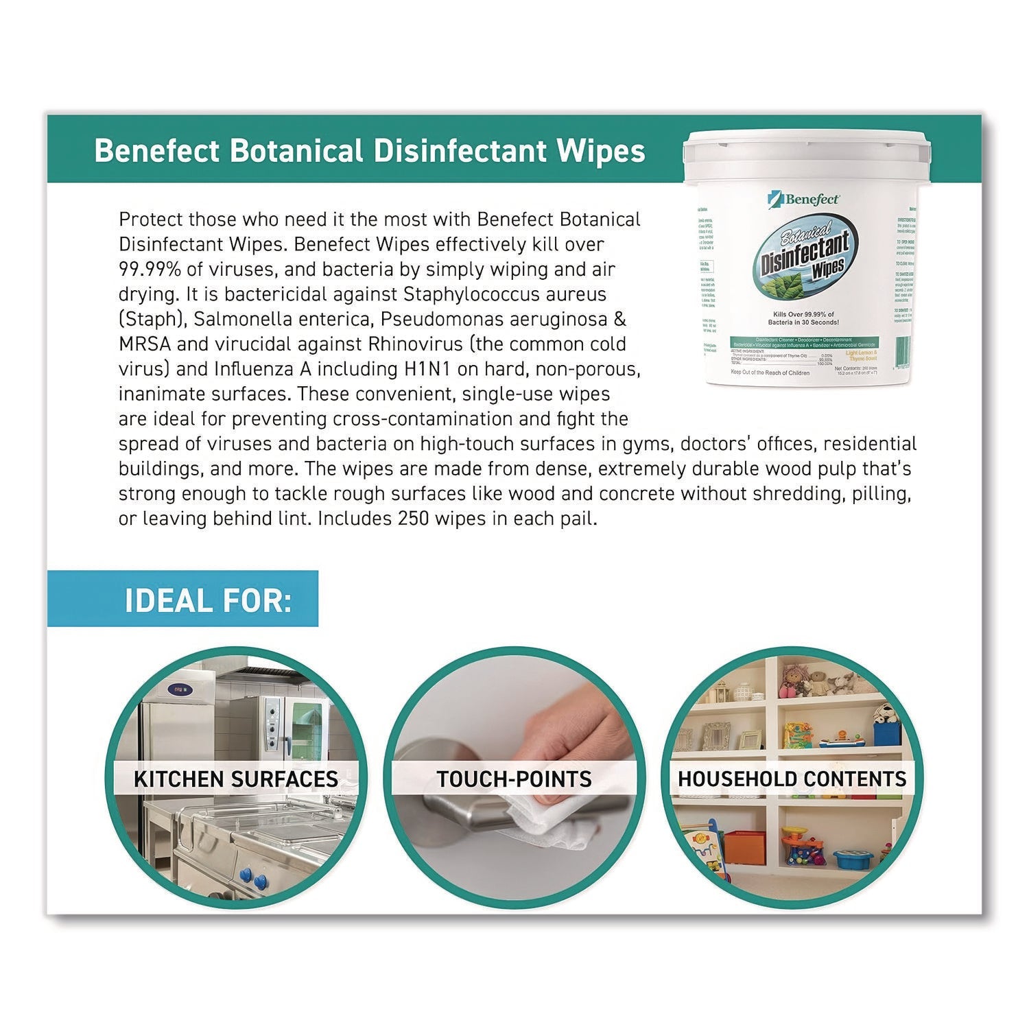 Benefect® Botanical Disinfectant Wipes, 6 x 7, Light Lemon and Thyme, 250/Bucket