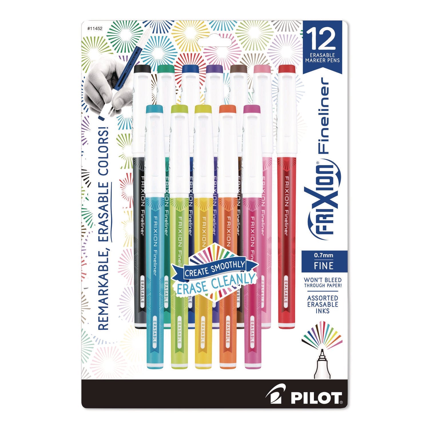 Pilot® FriXion Fineliner Erasable Porous Point Pen, Stick, Fine 0.7 mm, Assorted Ink, Assorted Barrel, 12/Pack
