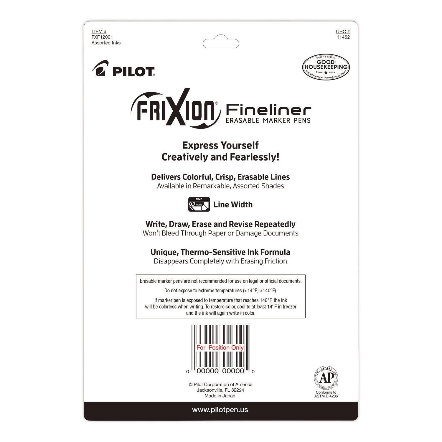 Pilot® FriXion Fineliner Erasable Porous Point Pen, Stick, Fine 0.7 mm, Assorted Ink, Assorted Barrel, 12/Pack