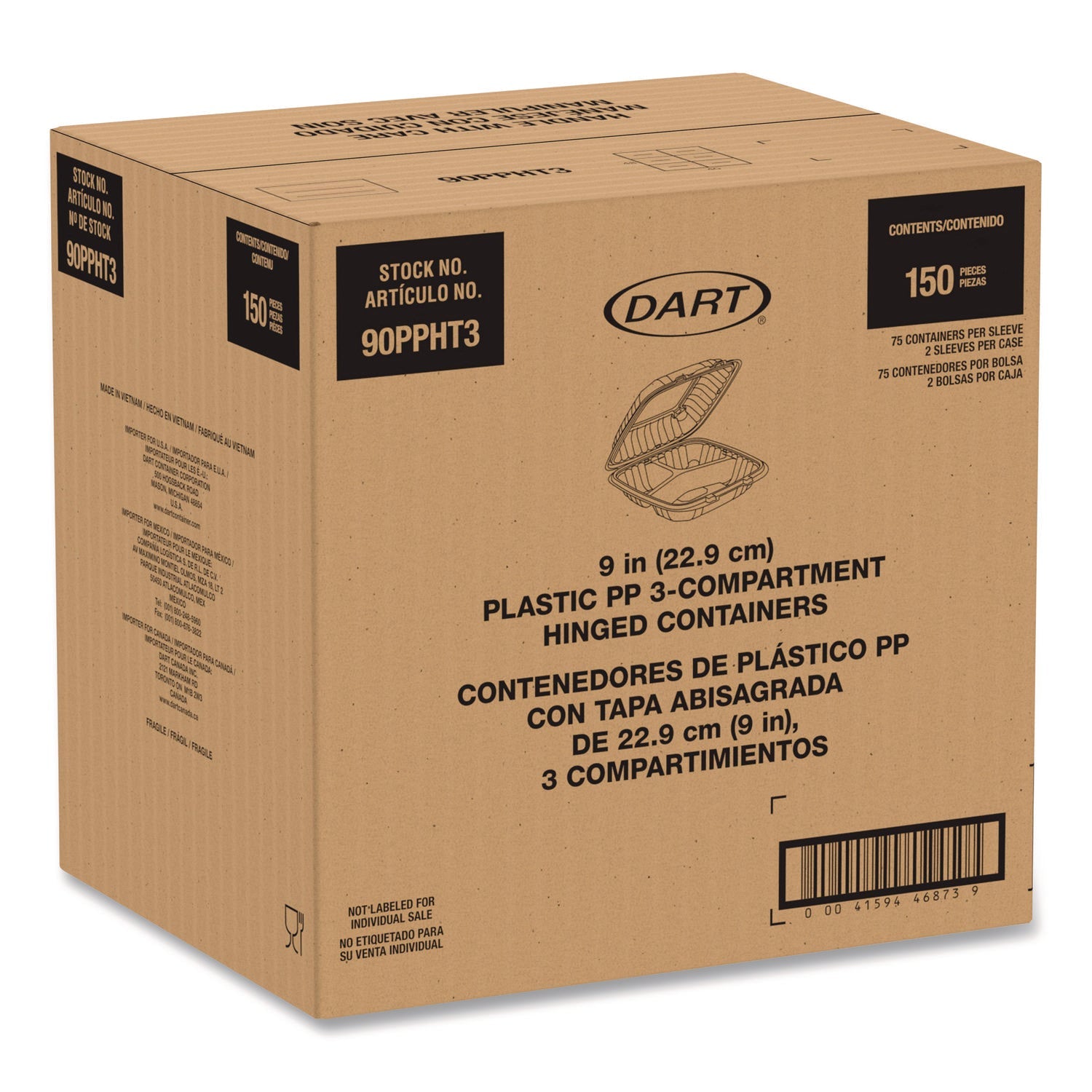 Dart® Microwaveable Hinged Containers, 3 Compartments, 9 x 8.75 x 3, Clear, Plastic,150/Carton - Bloom Skins