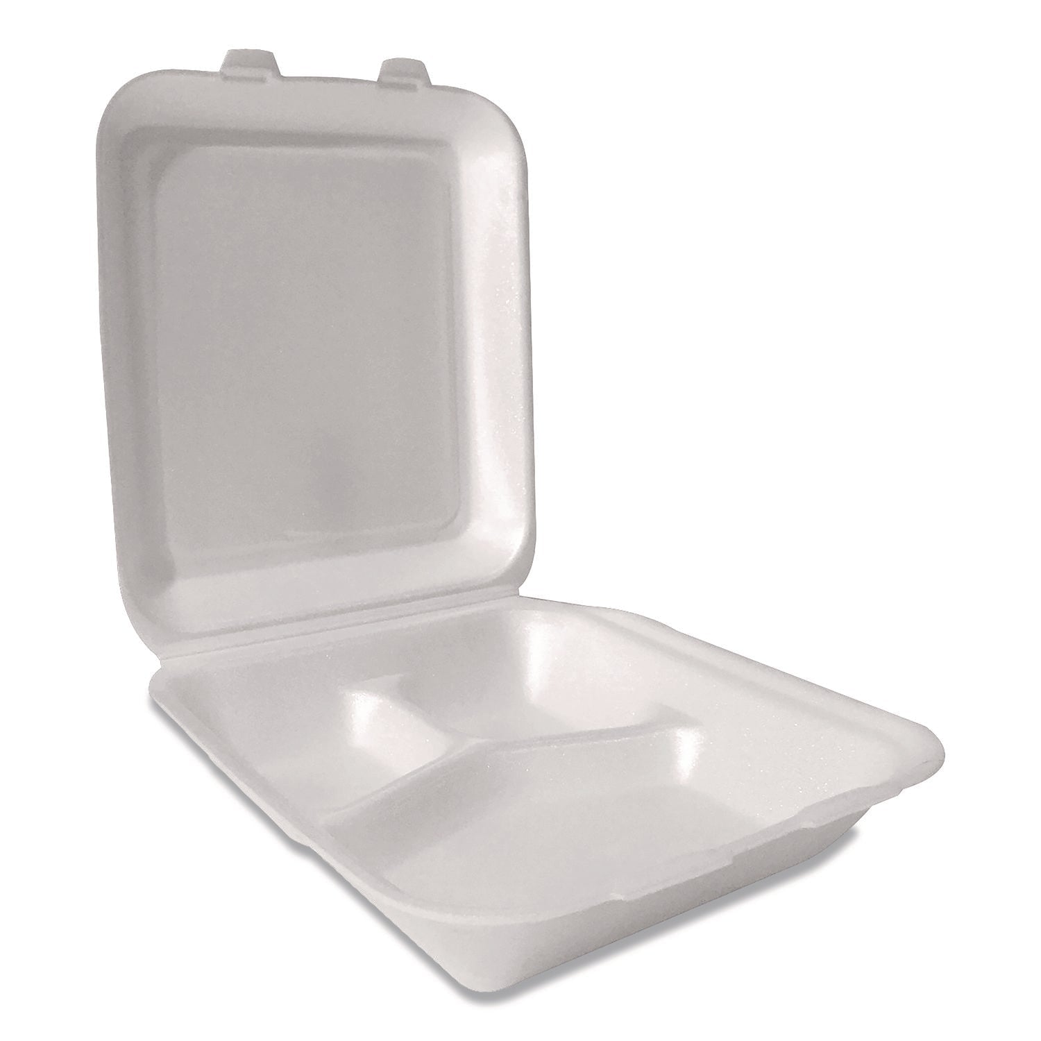 Plastifar Foam Hinged Lid Containers, 3-Compartment, 7.56 x 8.25 x 2.38, White, Foam, 200/Carton - Bloom Skins