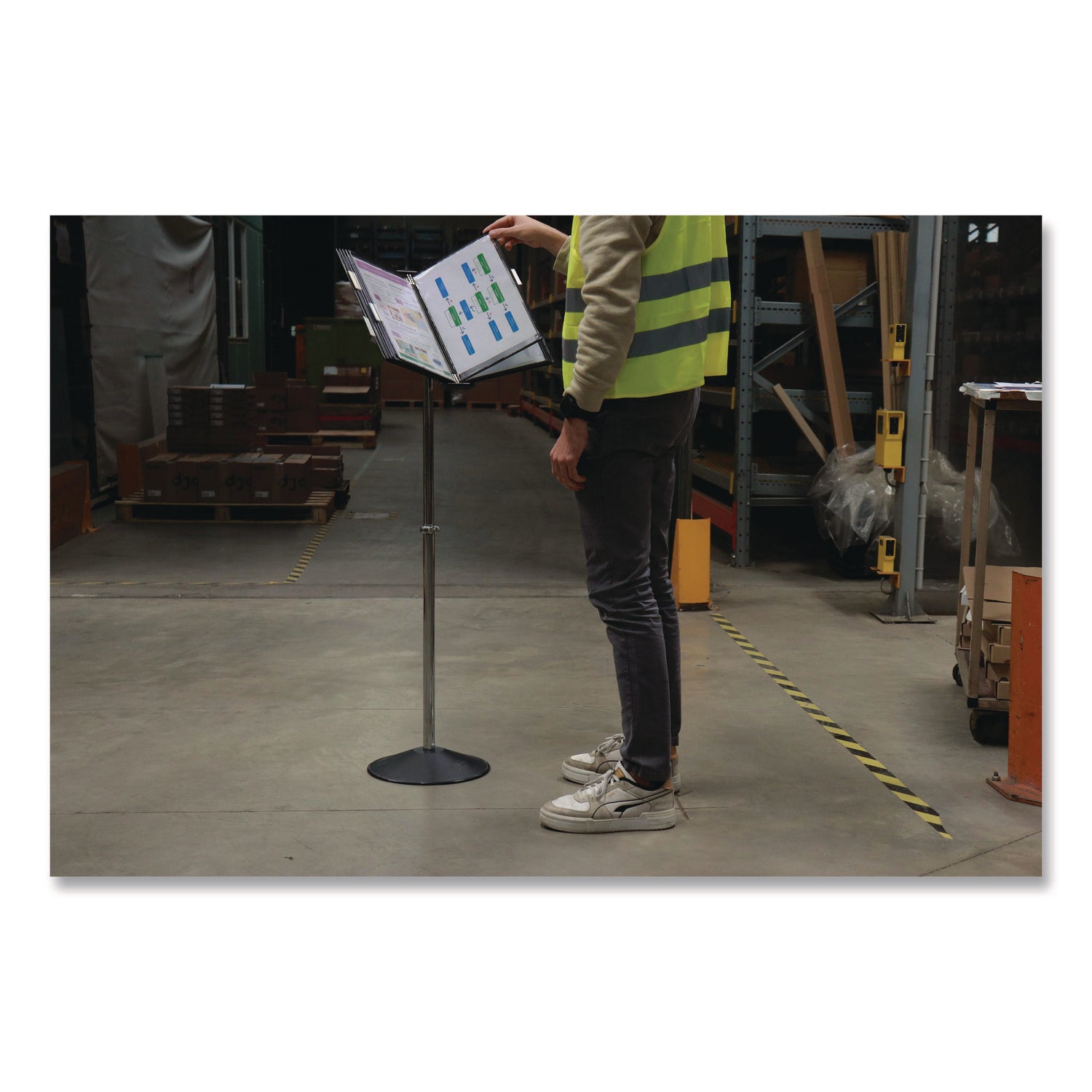 djois® by Tarifold Floor Display Document Stand, 25" to 44" Tall, 10 Panels with Black Borders, Black Base - Bloom Skins