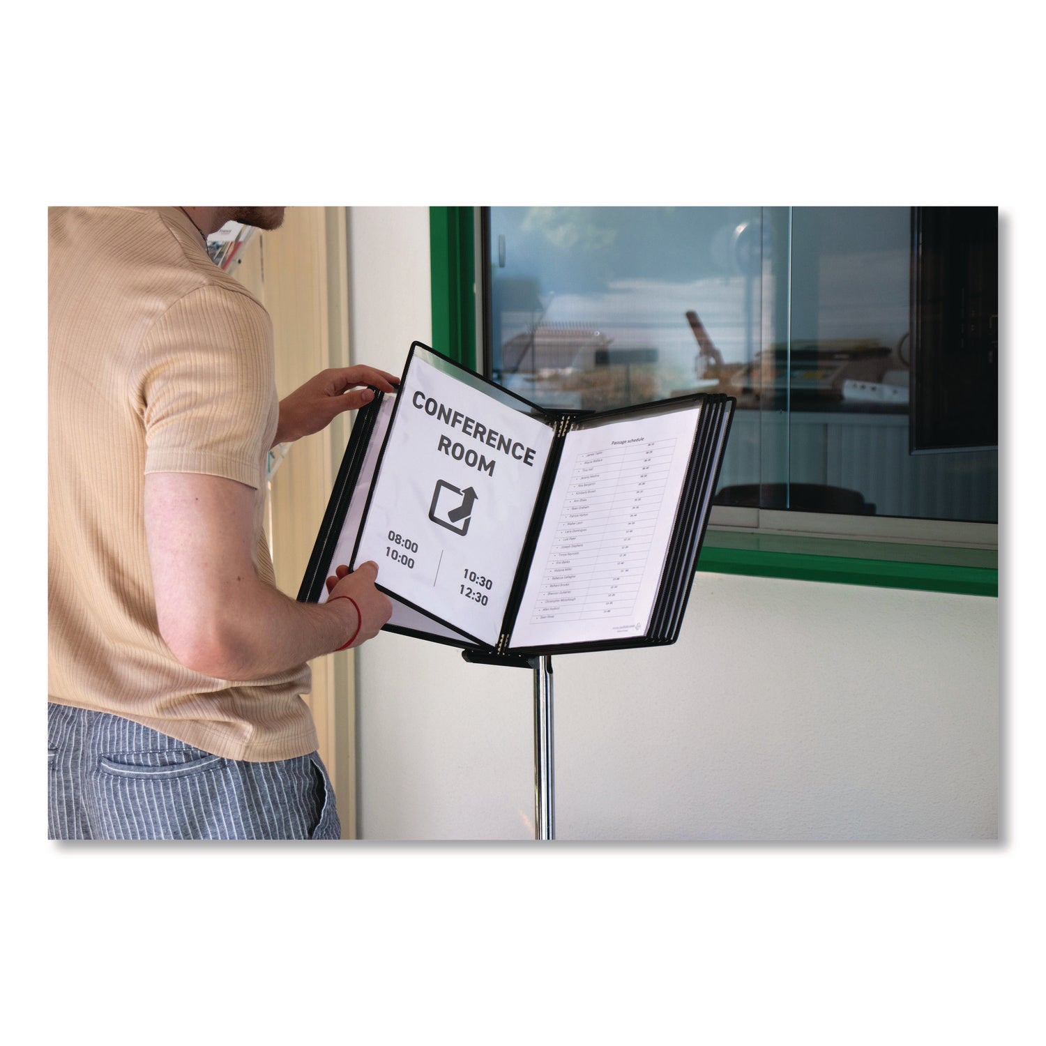 djois® by Tarifold Floor Display Document Stand, 25" to 44" Tall, 10 Panels with Black Borders, Black Base - Bloom Skins