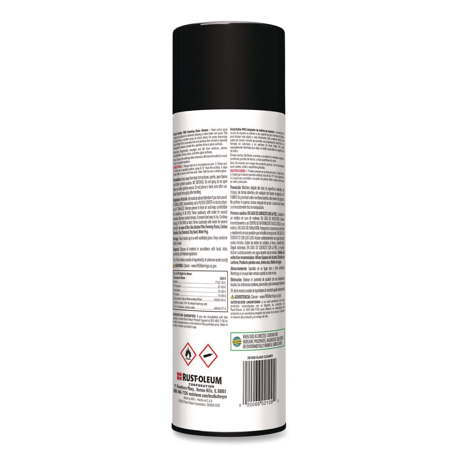 Rust-Oleum® Pro Foaming Glass Cleaner Aerosol, 20 oz Aerosol Spray, 12/Carton