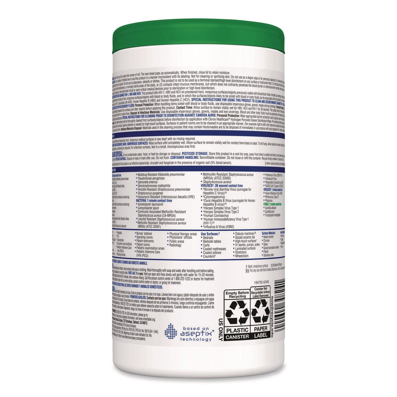 Clorox Healthcare® Hydrogen Peroxide Cleaner Disinfectant Wipes, 6.75 x 9, White, 95/Canister