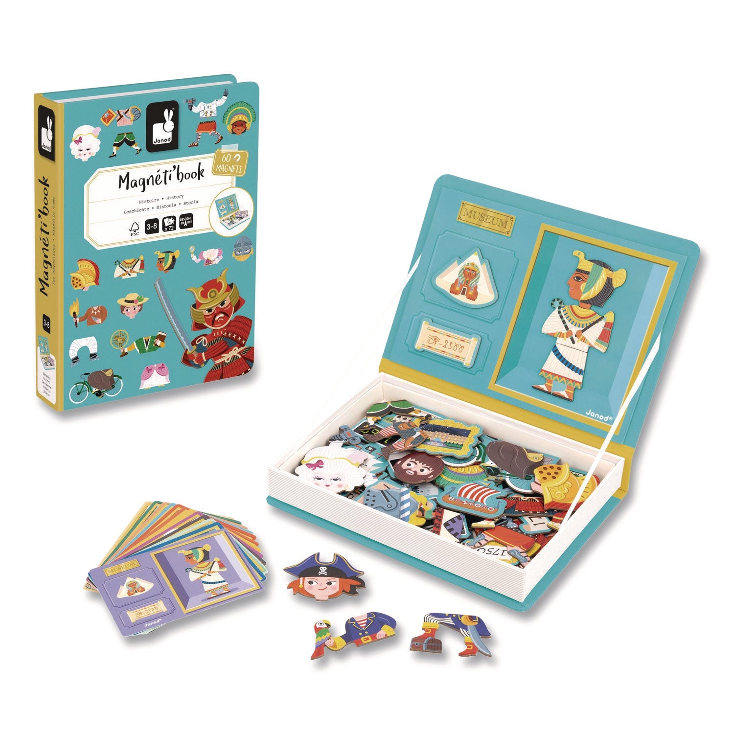 Janod® Magneti'books, History, 72 Pieces (12 Cards, 60 Magnetic Shapes), Ages 3 to 8 - Bloom Skins