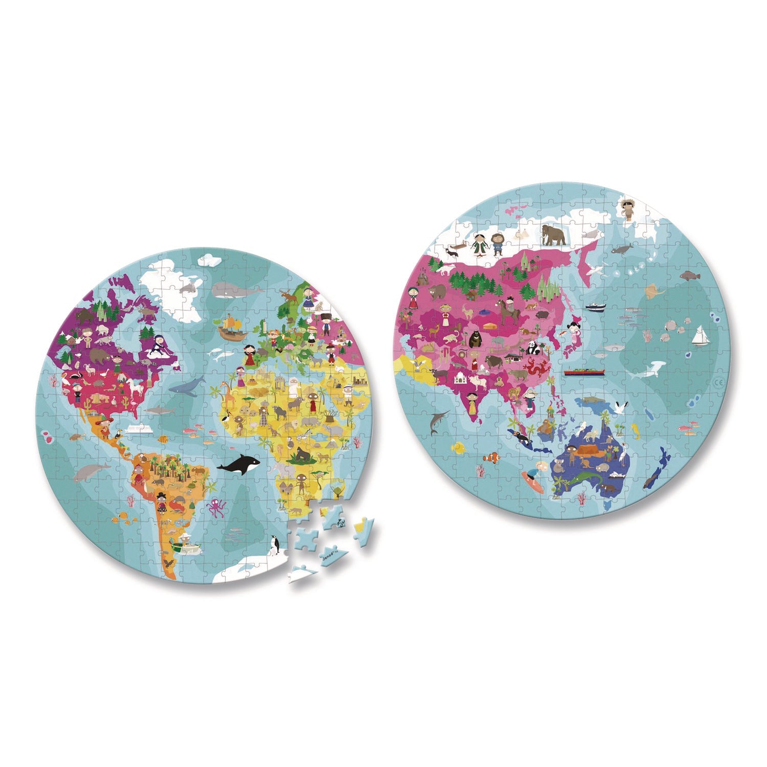 Janod® Cardboard Puzzle, Round Double-Sided Blue Planet Suitcase, 208 Pieces, Ages 7 Years and Up - Bloom Skins