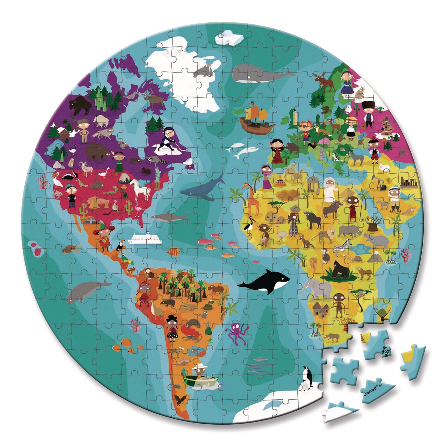 Janod® Cardboard Puzzle, Round Double-Sided Blue Planet Suitcase, 208 Pieces, Ages 7 Years and Up - Bloom Skins