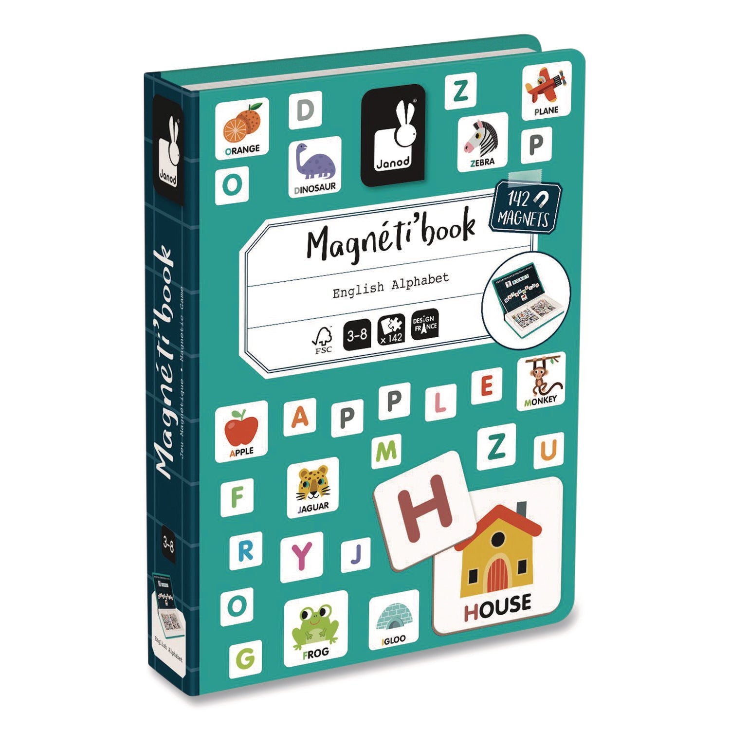 Janod® Magneti'books, Alphabet, 142 Pieces (26 Cards, 116 Magnetic Shapes), Ages 3 to 8 - Bloom Skins