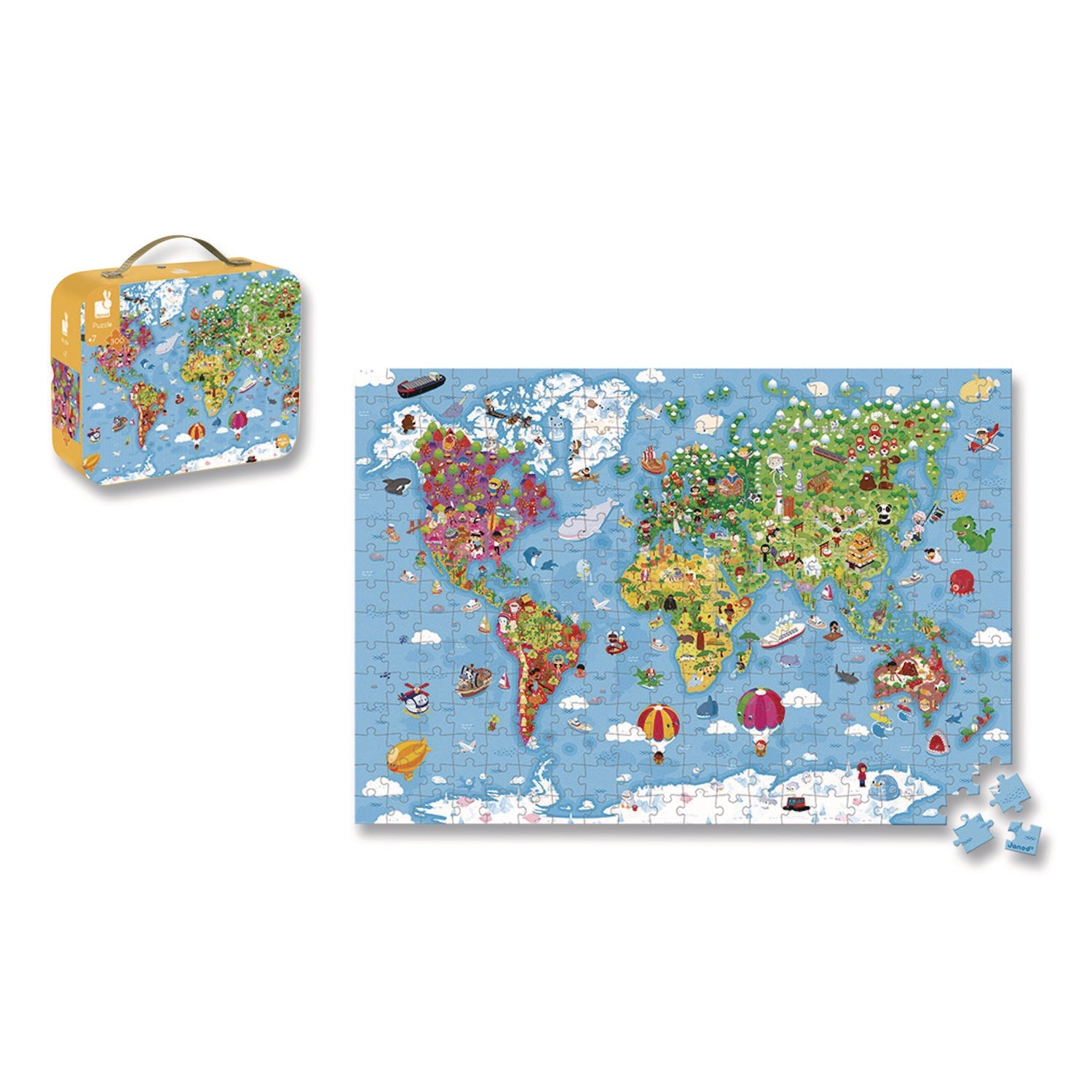 Janod® Cardboard Puzzle, Giant World Map Suitcase Puzzle, 300 Pieces, Ages 7 Years and Up - Bloom Skins