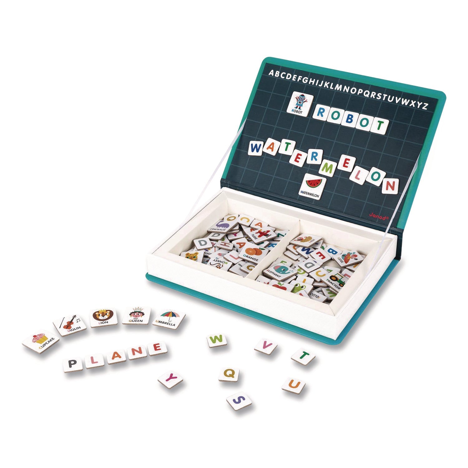 Janod® Magneti'books, Alphabet, 142 Pieces (26 Cards, 116 Magnetic Shapes), Ages 3 to 8 - Bloom Skins