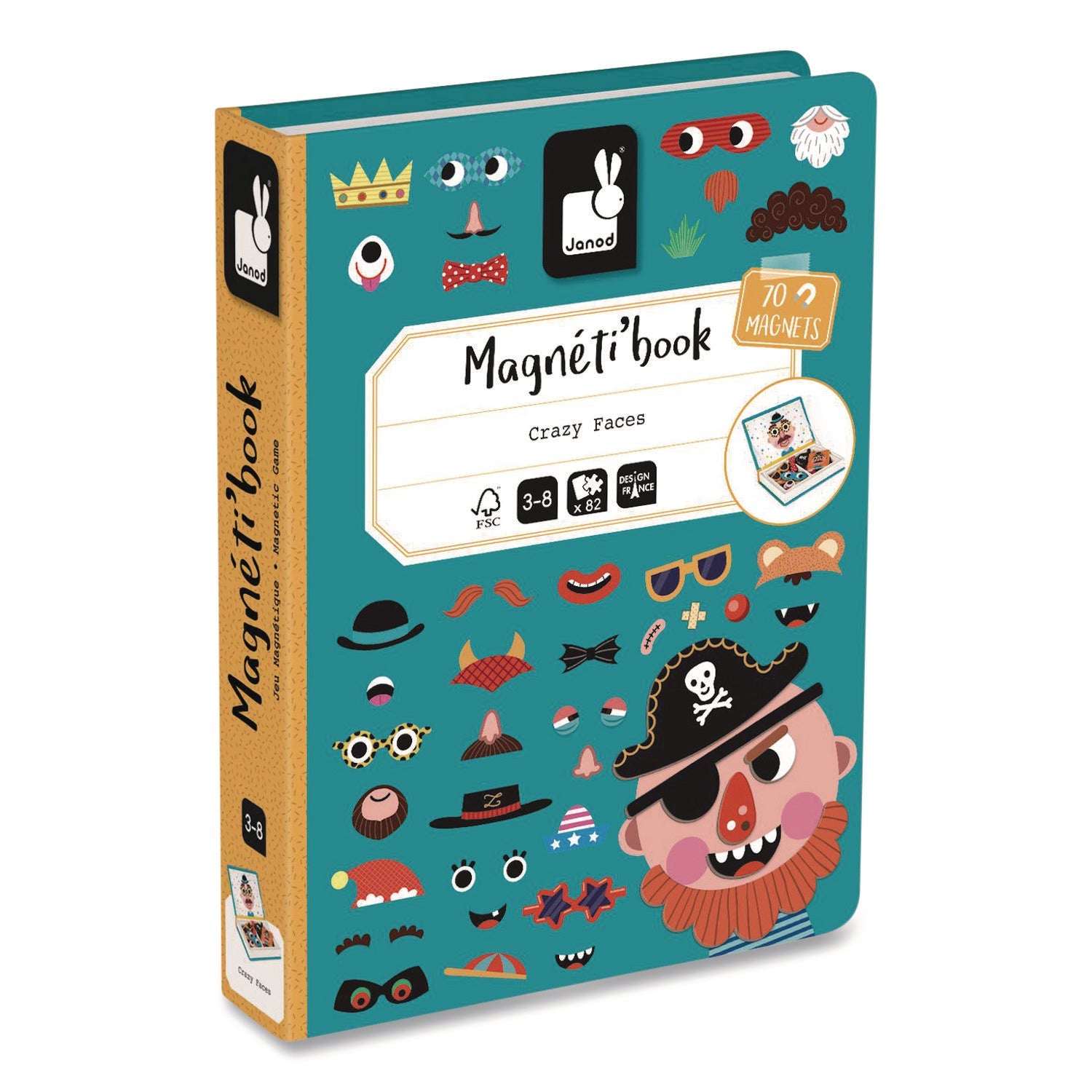 Janod® Magneti'books, Boy's Crazy Faces, 40 Pieces (10 Cards, 30 Magnetic Shapes), Ages 3 to 8 - Bloom Skins