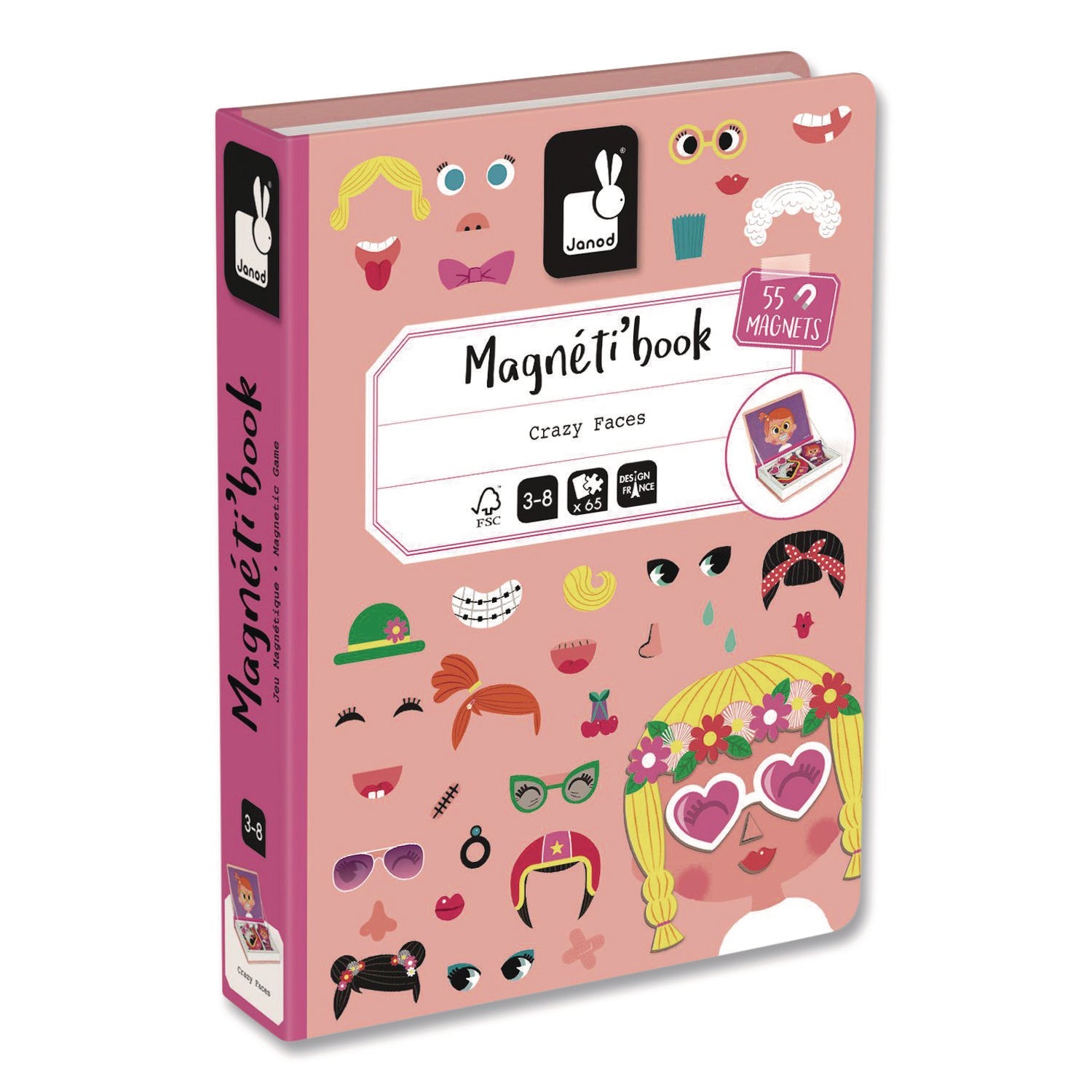 Janod® Magneti'books, Girl's Crazy Faces, 65 Pieces (10 Cards, 55 Magnetic Shapes), Ages 3 to 8 - Bloom Skins