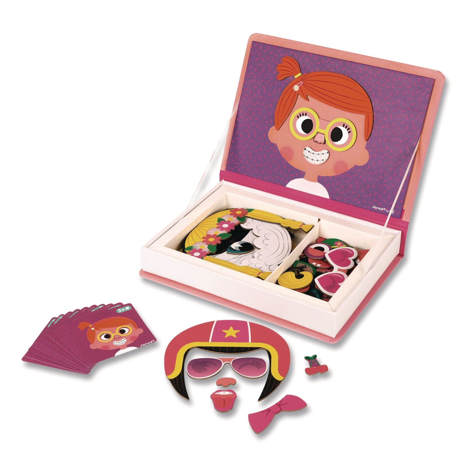 Janod® Magneti'books, Girl's Crazy Faces, 65 Pieces (10 Cards, 55 Magnetic Shapes), Ages 3 to 8 - Bloom Skins