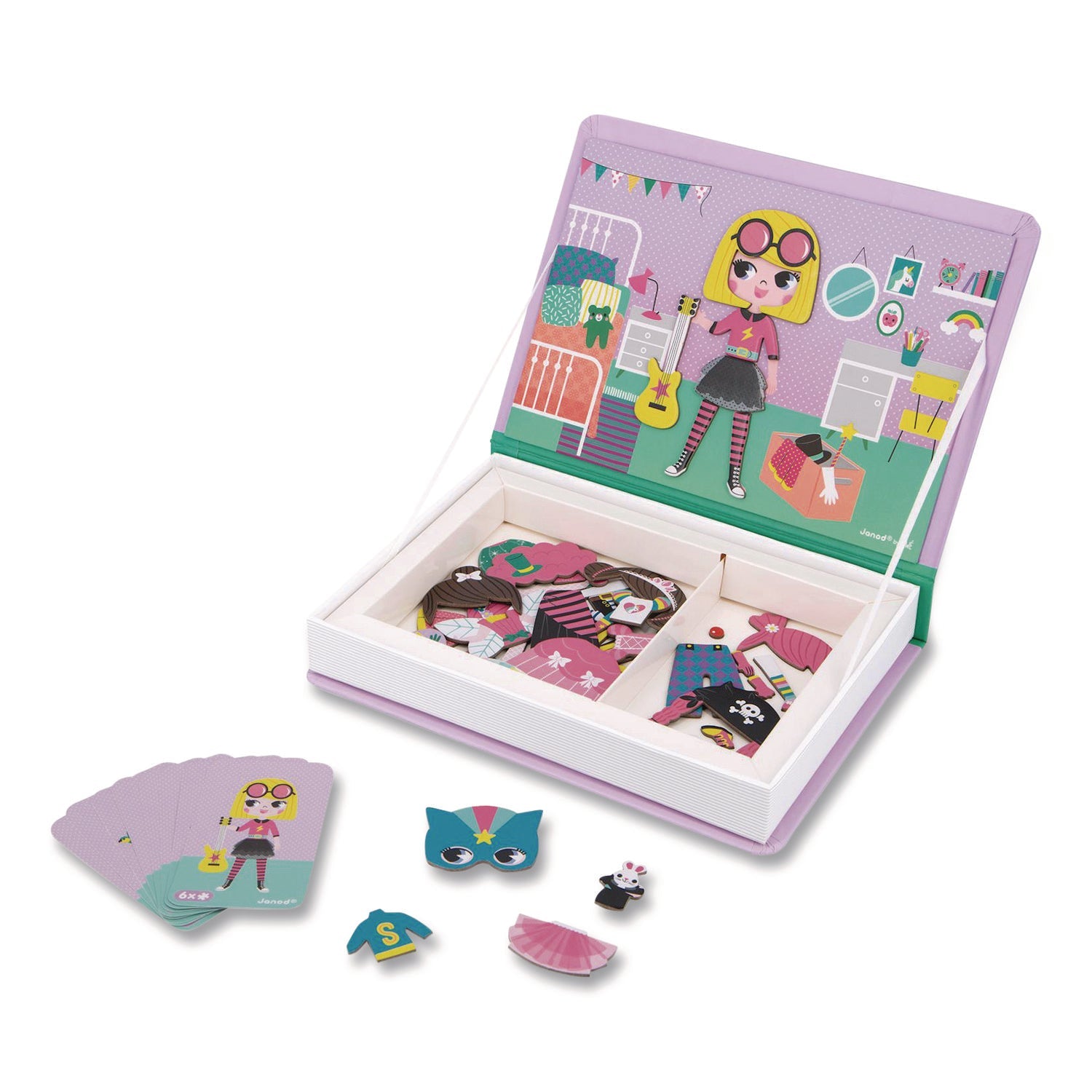 Janod® Magneti'books, Girl's Costumes, 54 Pieces (8 Cards, 46 Magnetic Shapes), Ages 3 to 8 - Bloom Skins