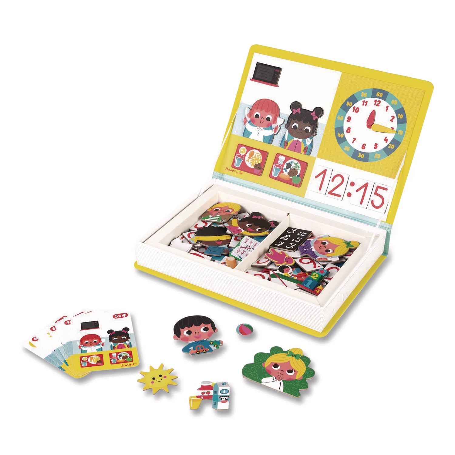 Janod® Magneti'books, Learn to Tell the Time, 91 Pieces (16 Cards, 75 Magnetic Shapes), Ages 3 to 8 - Bloom Skins