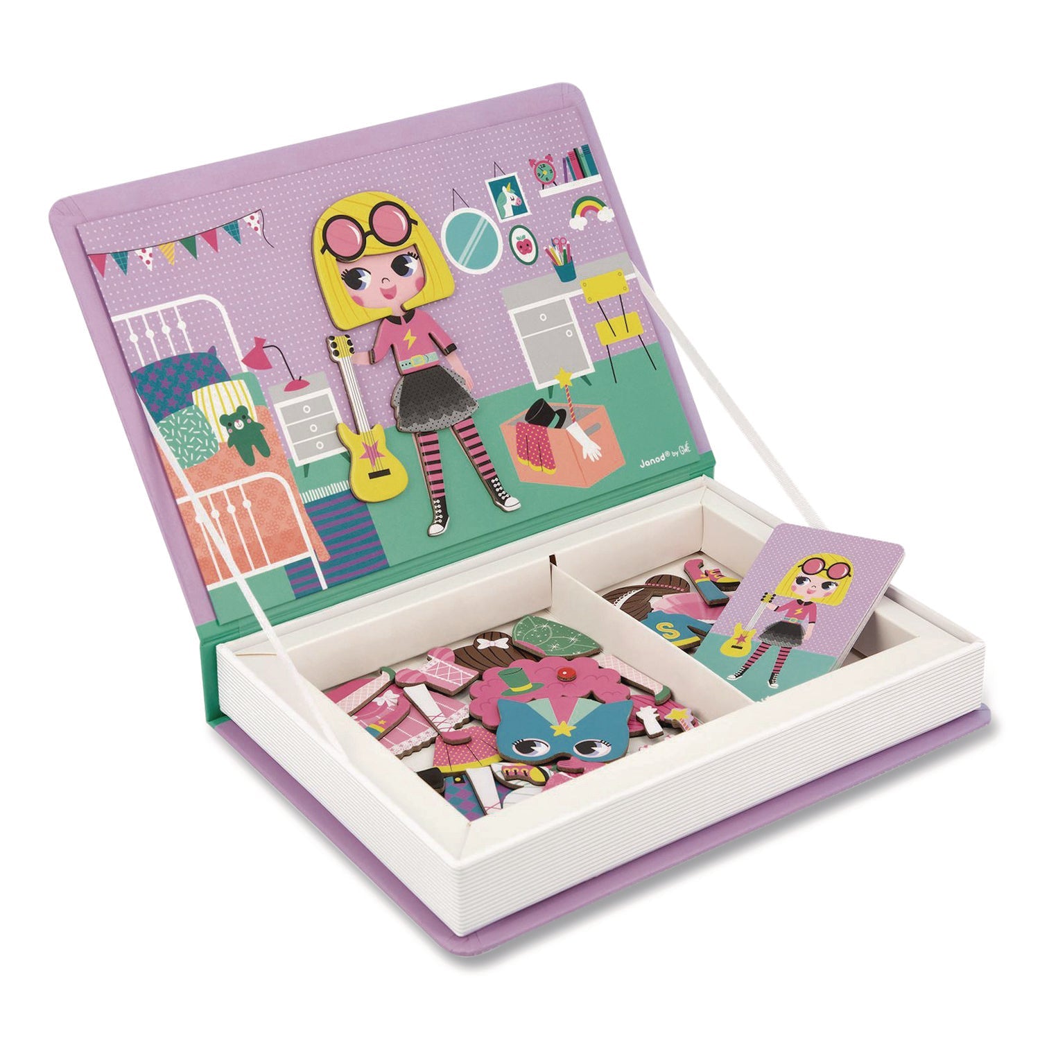 Janod® Magneti'books, Girl's Costumes, 54 Pieces (8 Cards, 46 Magnetic Shapes), Ages 3 to 8 - Bloom Skins