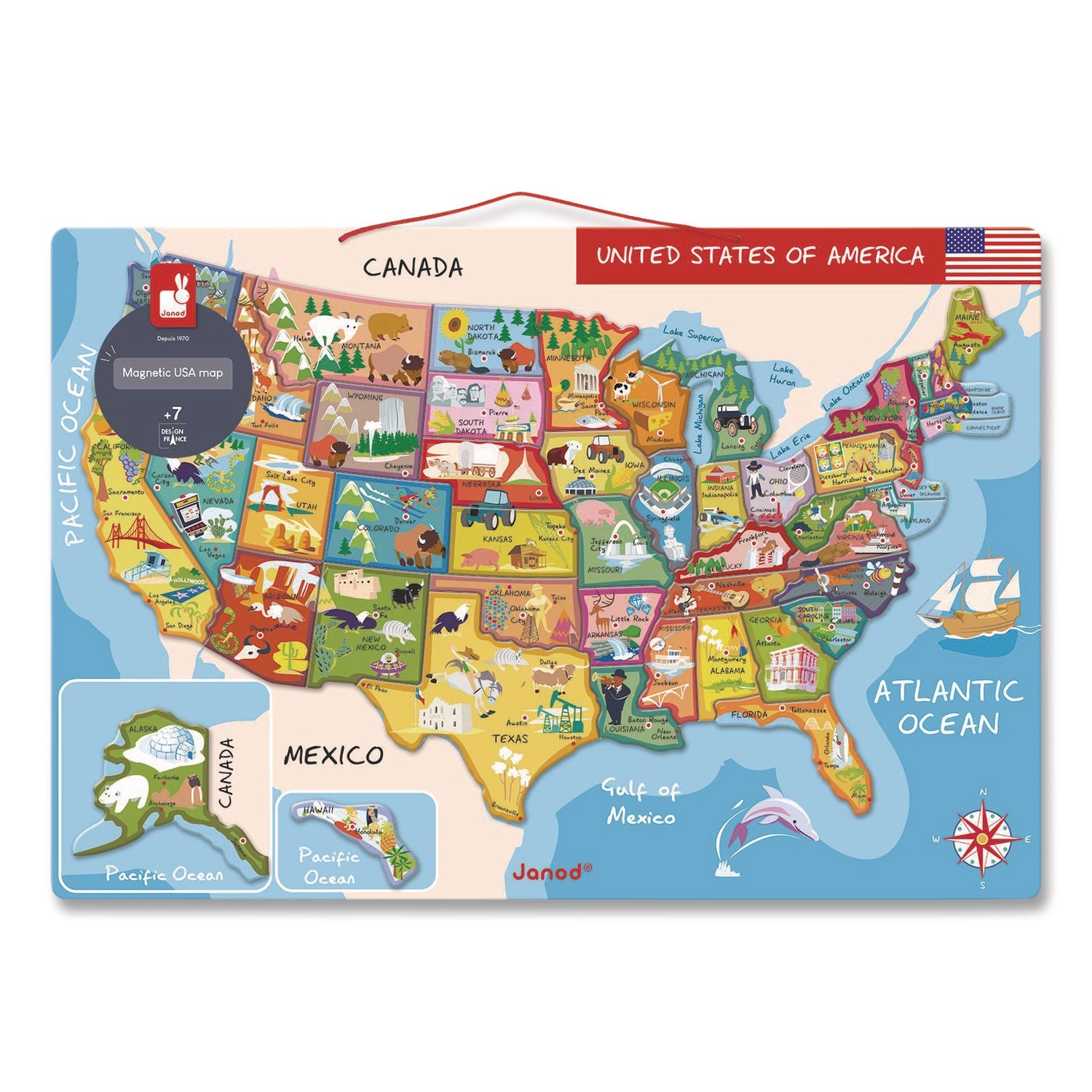 Janod® Cardboard Puzzle, United States Map Puzzle, 48 Pieces, Ages 7 to 12 - Bloom Skins